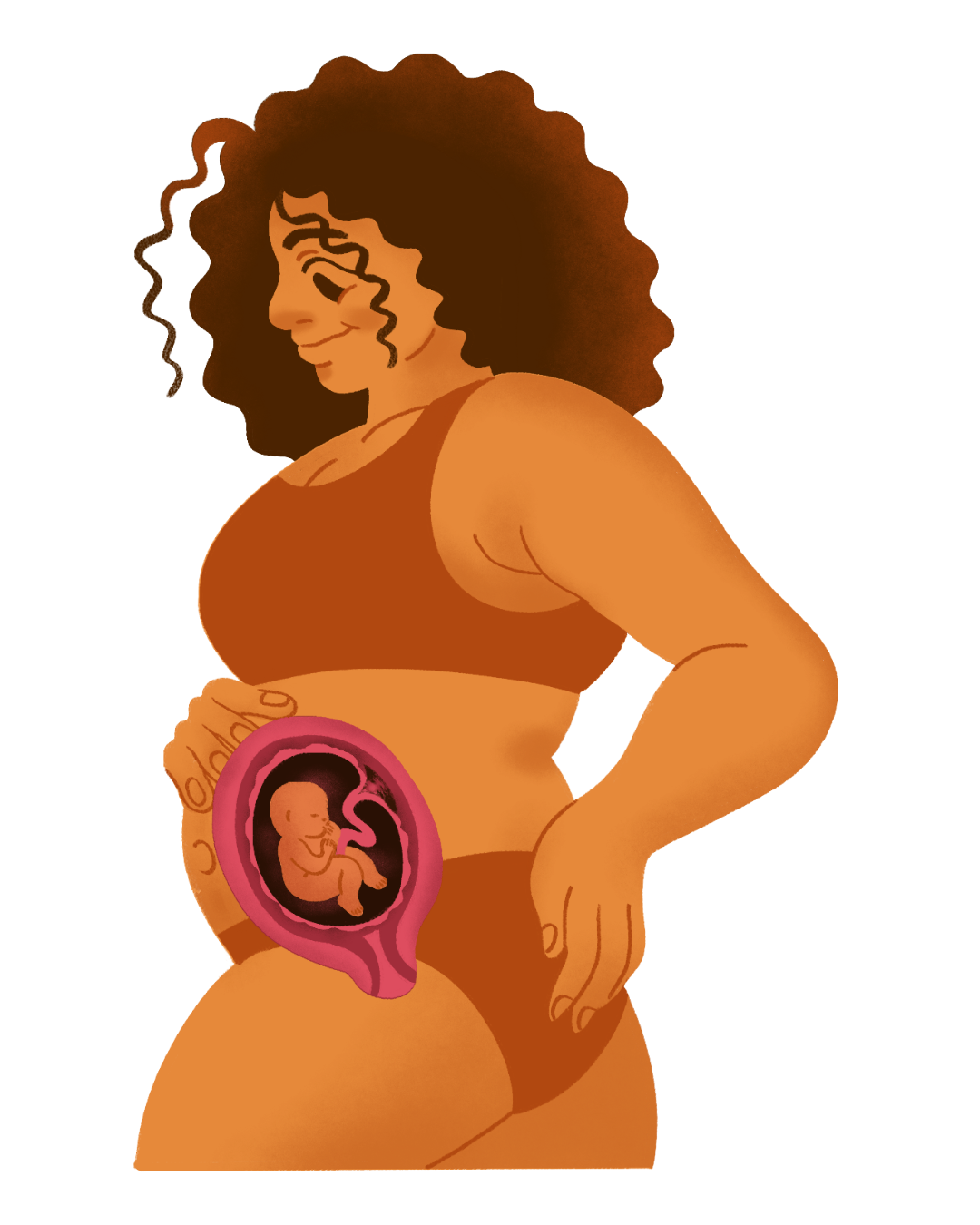 A woman with curly hair and a confident smile shows her pregnant belly with an illustrated baby inside the womb.