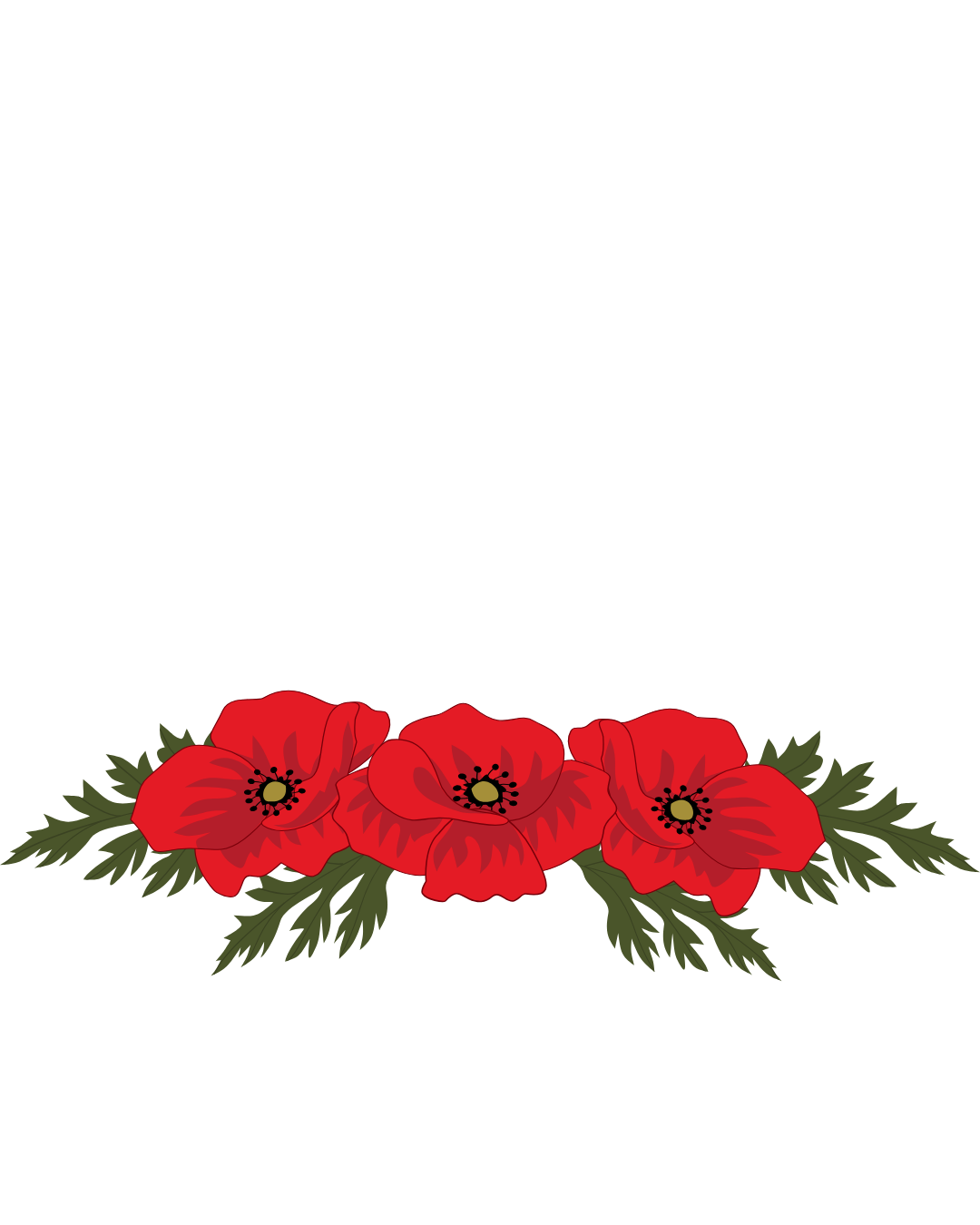 Decorative illustration of three red poppies with green leaves.