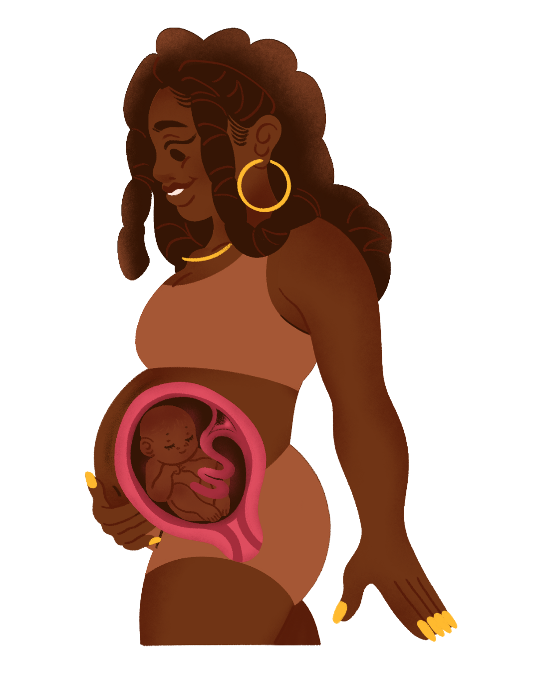 A cartoon woman with brown skin, curly hair, wearing gold earrings and a necklace, smiling with her eyes closed, showing a cutout of a fetus inside her abdomen.