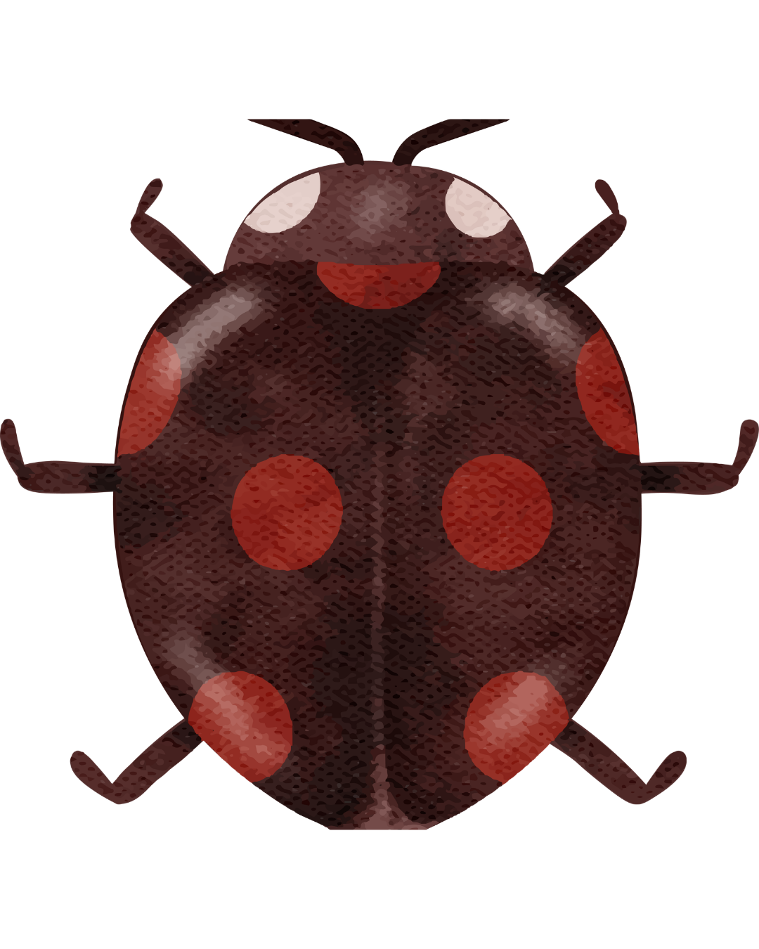 Illustration of a smiling ladybug with a black background, red spots, and dark brown wings.