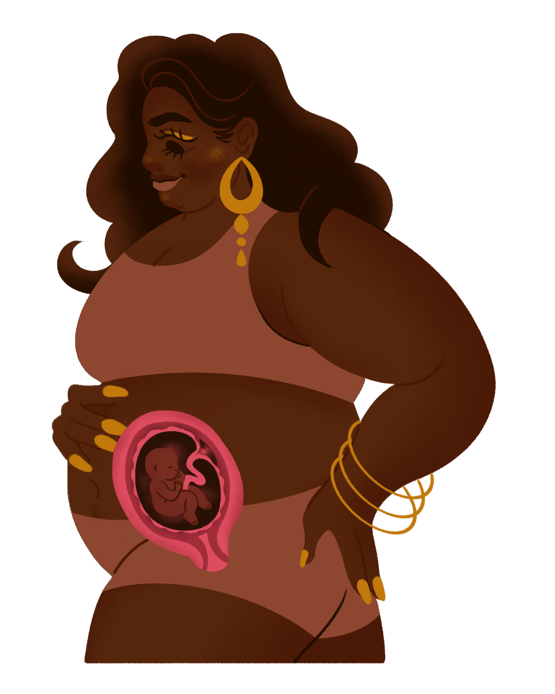 Stylized digital illustration of a woman with dark skin, long curly hair, gold jewelry, and a pink crop top. Her midsection features a graphic of a pregnant belly with a fetus inside, depicted in a cartoon style.