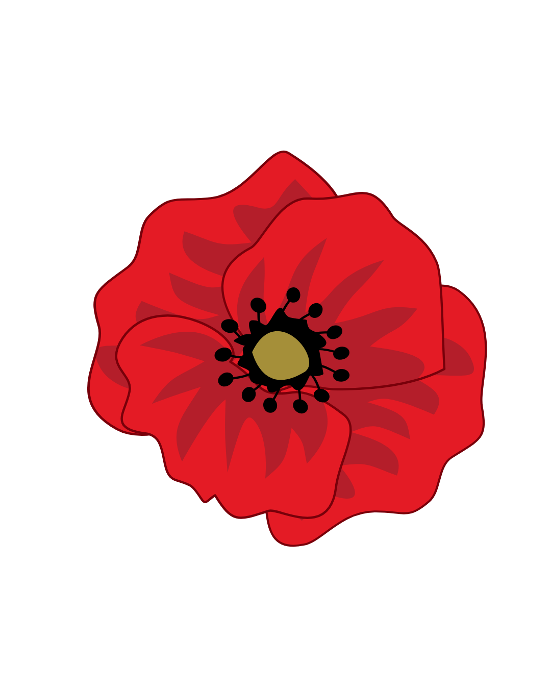 Digital illustration of a bright red poppy flower with black stamens and a greenish center.