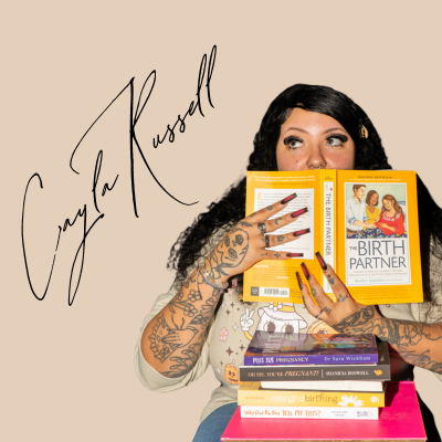 Woman with tattoos holding books, including 'Birth Partner' and 'Pregnancy Journal,' with a signature-style text reading 'Cayla Russell' in the background.