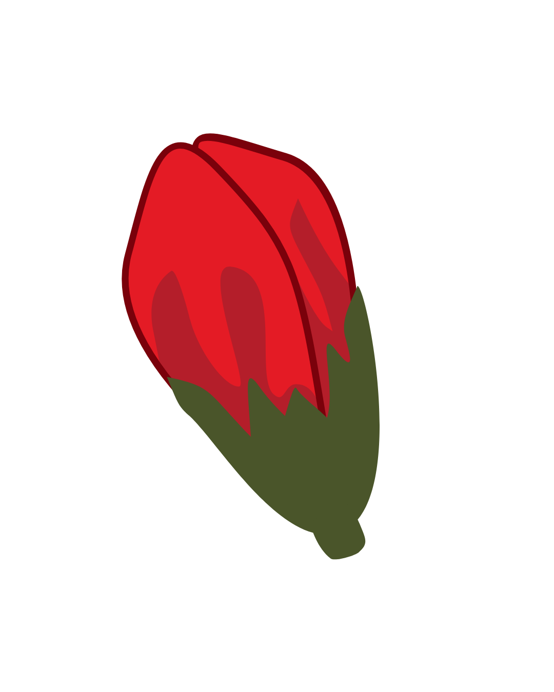A cartoon illustration of a red rosebud with green sepals.