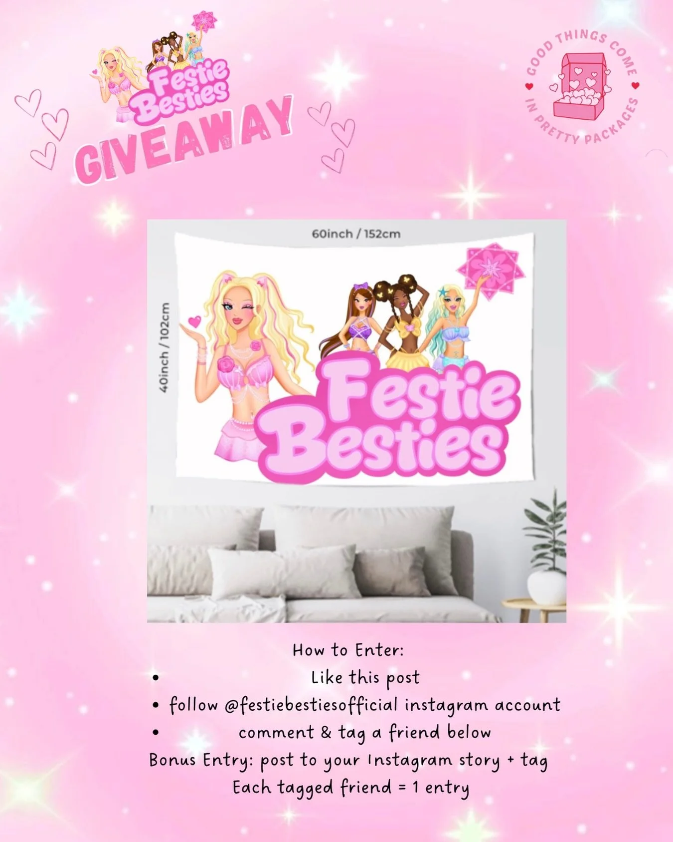 🌈💖 FESTIE BESTIES CAMPGROUND FLAG GIVEAWAY 🌈💖 

perfect for repping festie besties &amp; to use as a photo prop! 🌸🪽

How to Enter: 
* Like this post 
* follow @festiebestiesofficial instagram account 
* comment &amp; tag a friend below 
Bonus E