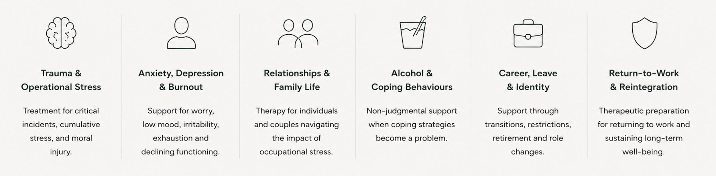 A chart outlining different aspects of mental health and workplace transition support, including trauma, anxiety, family relationships, coping behaviors, career, and reintegration.