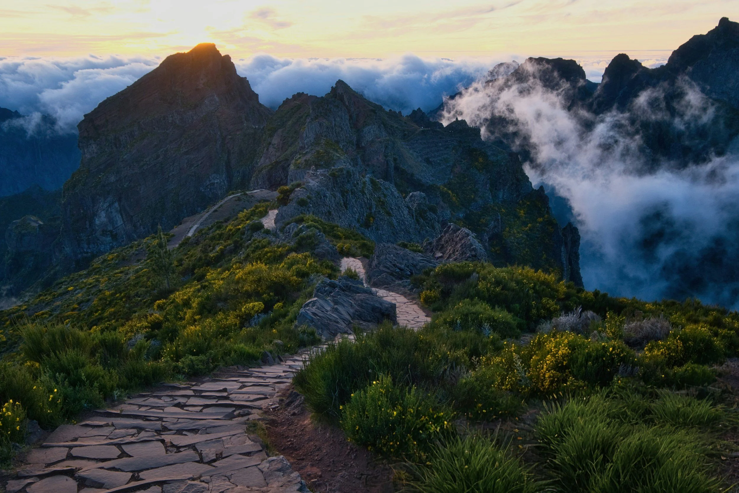 Sunrise over rugged mountain peaks with clouds and mist, a stone pathway leads through green shrubbery in the foreground.