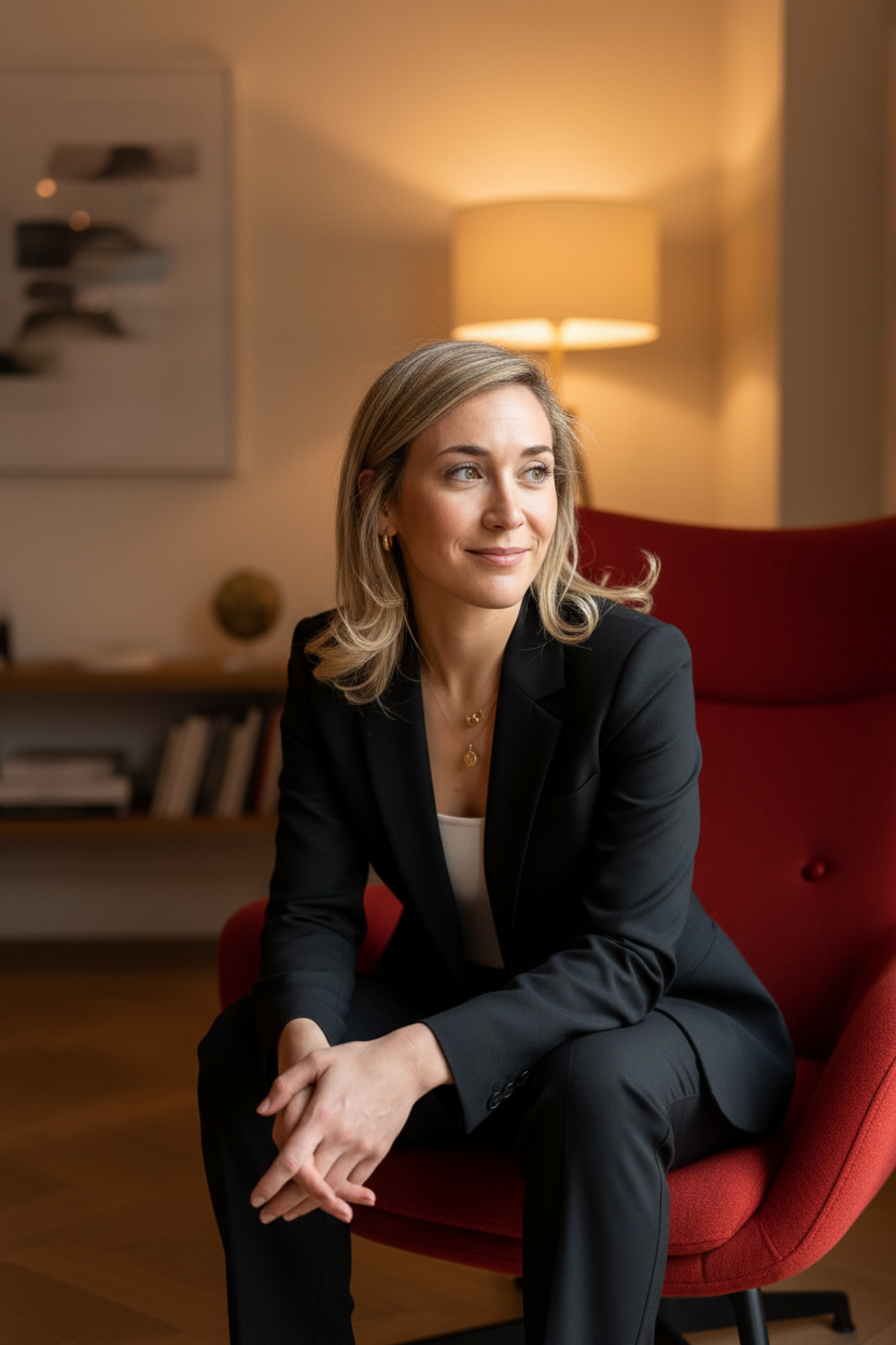 A woman in a black suit sitting on a red armchair in a warmly lit room, with a lamp and books in the background.
