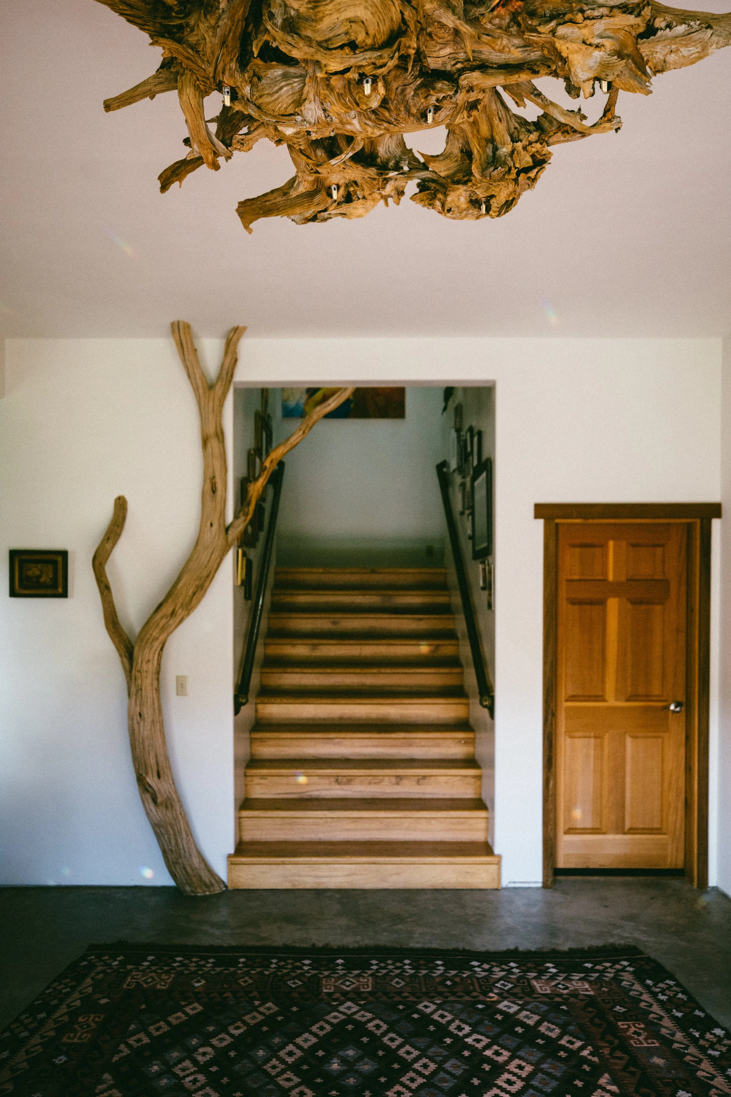Interior view of a home featuring a wooden staircase with black railings, a wooden door on the right, a decorative wooden branch on the left, a white wall with small framed pictures, and a patterned rug on a concrete floor. A ceiling-mounted light fi