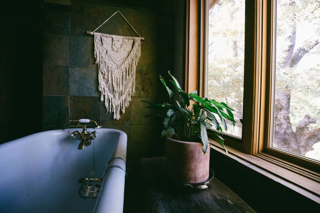 A bathroom corner with a clawfoot bathtub, a macrame wall hanging, a potted plant on a wooden surface, and a large window showing trees outside.
