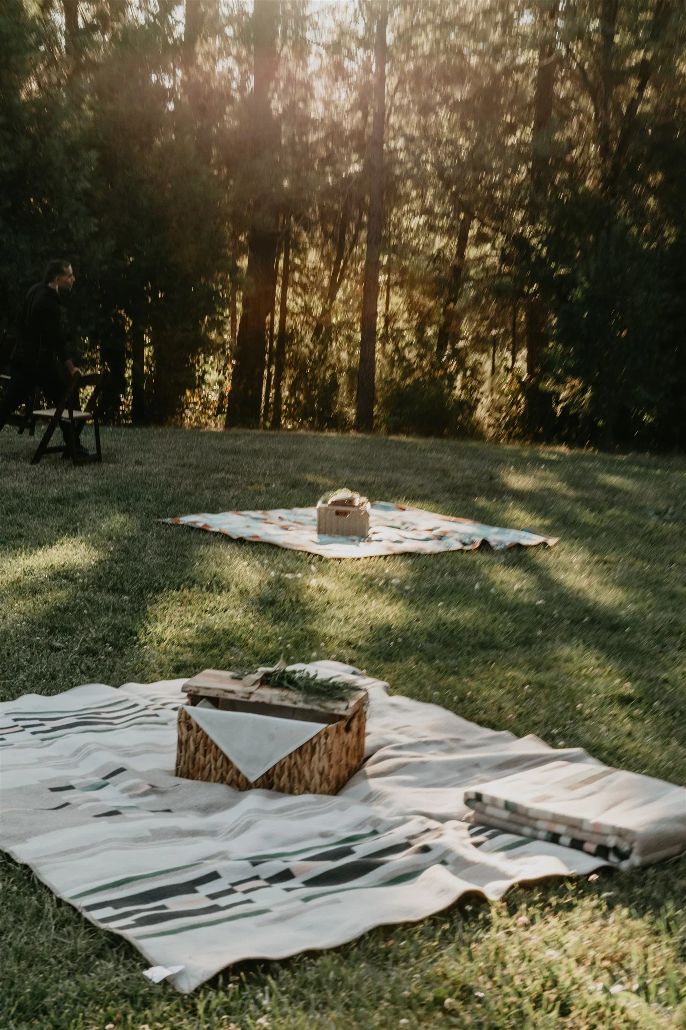 Picnic setup on a grassy area with blankets, baskets, and a cooler, with trees and sunlight in the background.