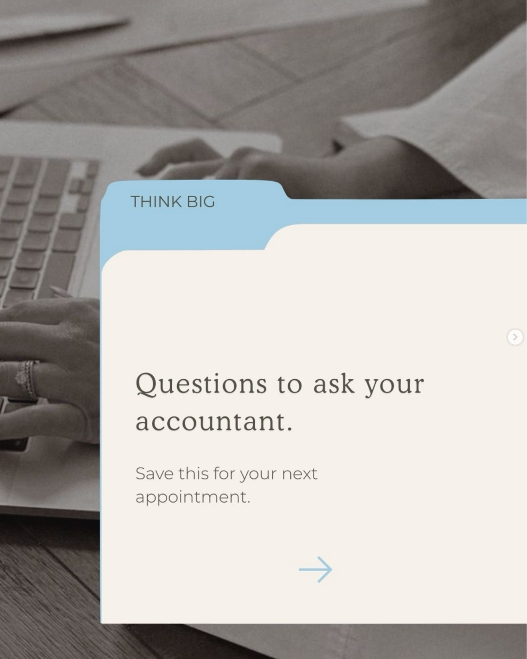 Screen showing a digital chat with a message box titled 'Questions to ask your accountant' and the subtitle 'Save this for your next appointment' on a laptop keyboard background.