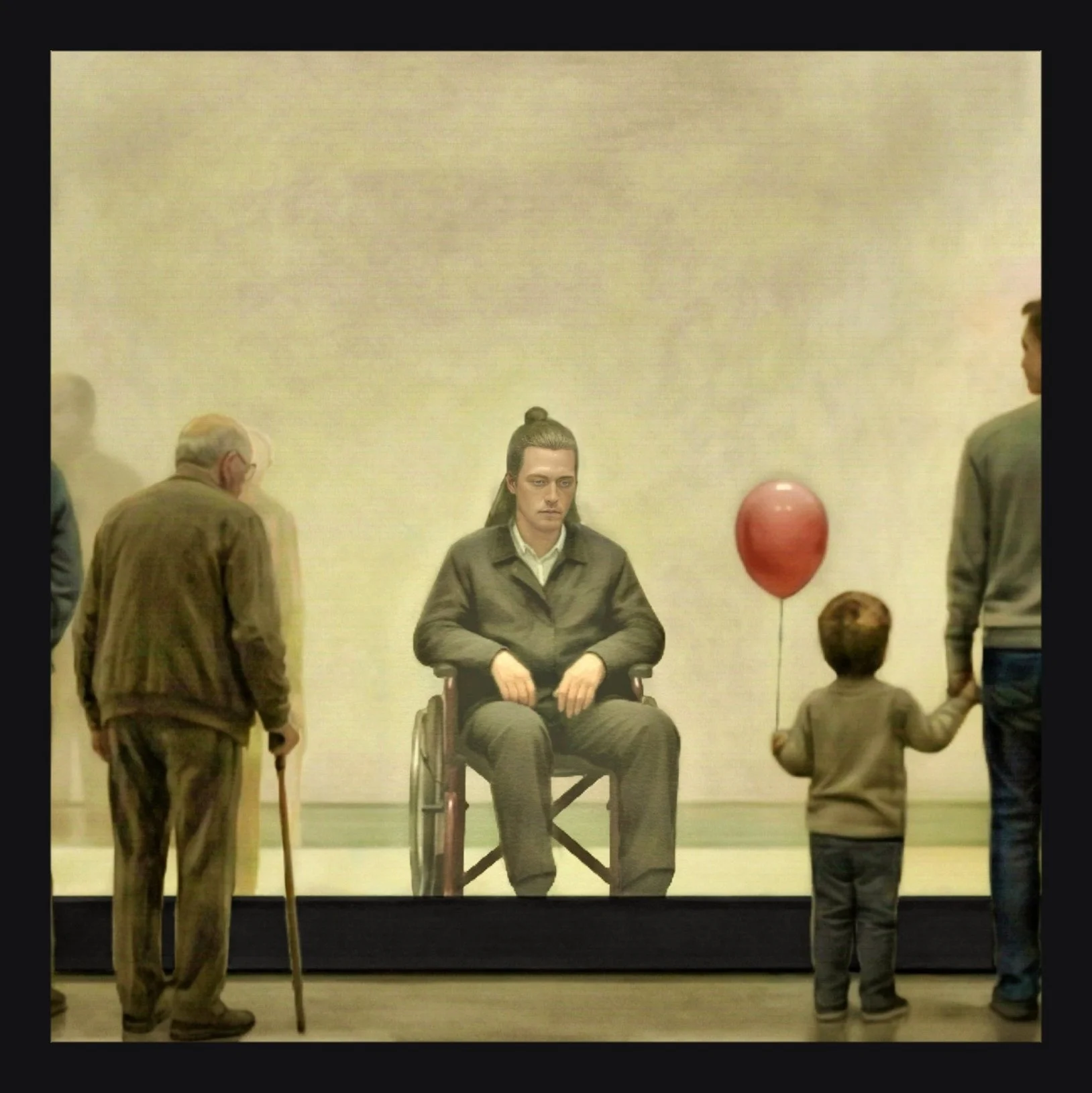 A young man in a wheelchair with long hair sits in the center, flanked by older and younger men. The older man on the left has a cane, and the younger man on the right holds a red balloon, suggesting a scene from the movie 'The Boy in the Striped Pajamas' with a minimalistic backdrop.