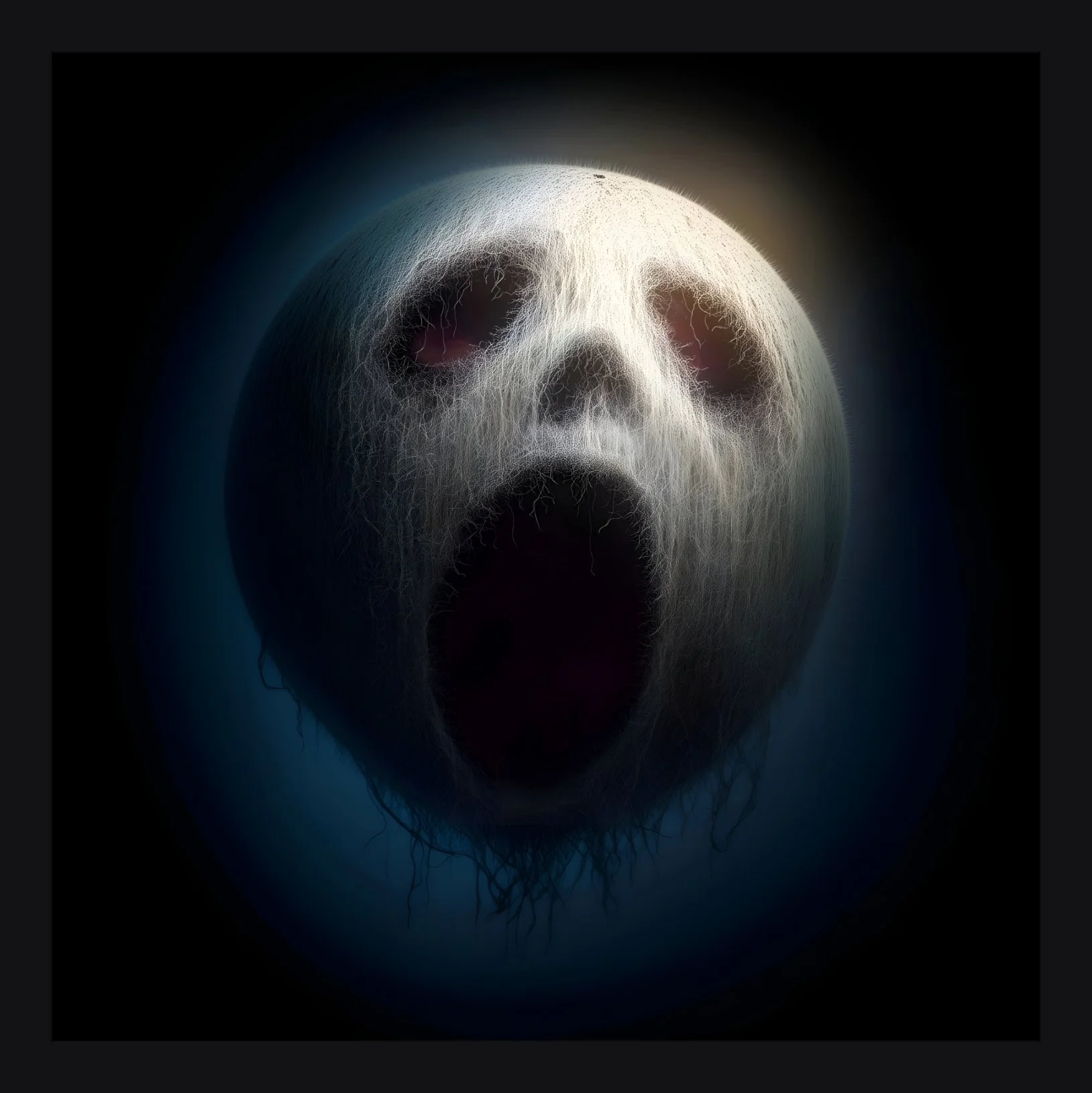 A white skull with rough, textured surface, mouth open wide as if screaming, set against a dark background with a faint glow around the skull.