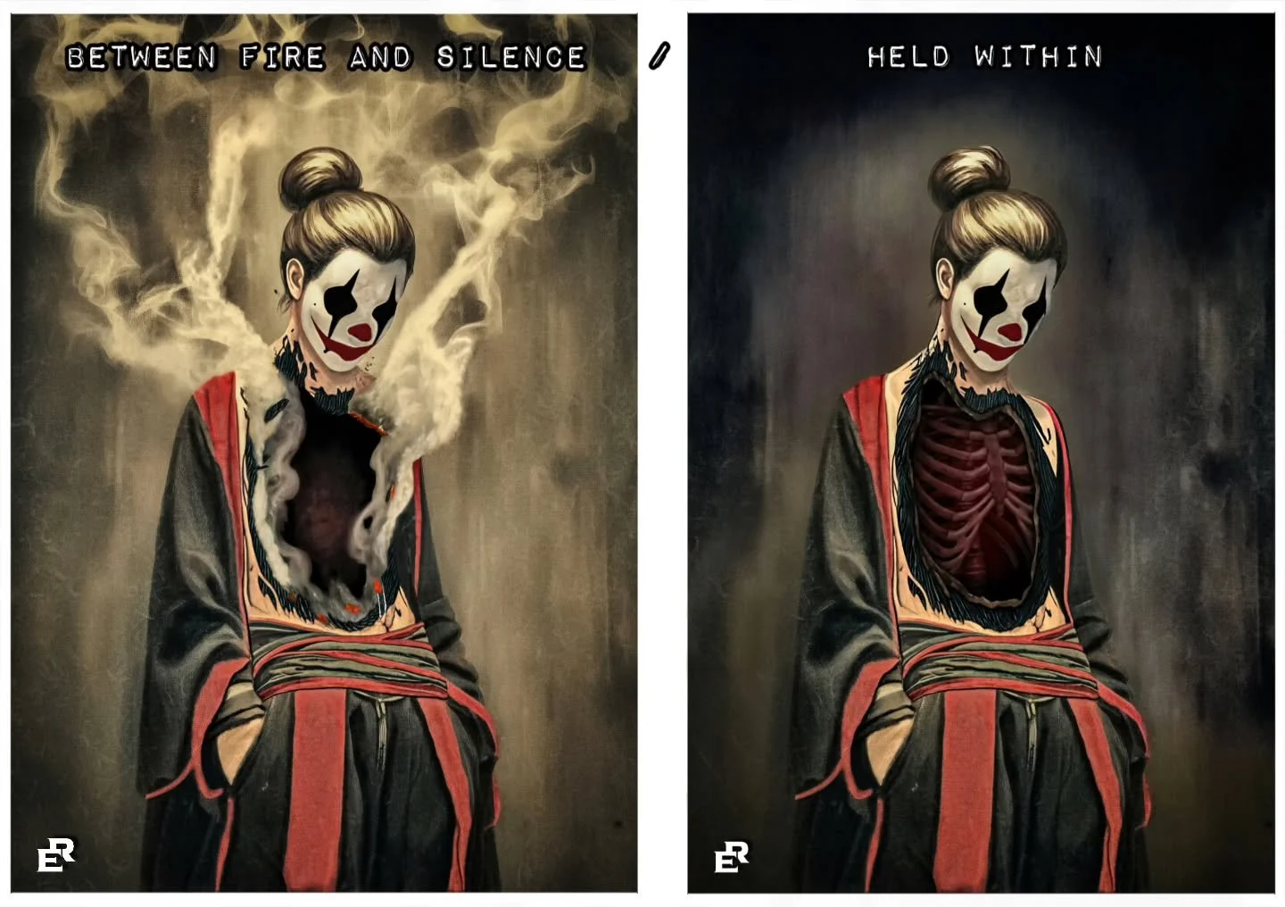 Diptych essay 
Between Fire and Silence / Held Within

This diptych examines pain as transformation rather than event.
In Between Fire and Silence, pain appears as movement - an internal combustion concealed behind a composed exterior. The body exist