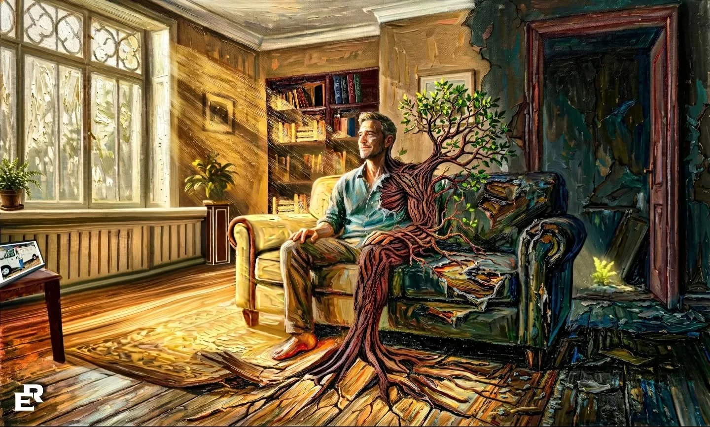 Life continues on both sides.
In one he lives; in the other, he chooses to remain. 

Trapped In a Dream 

A body rooted in reality,
a mind refusing to follow.
Two worlds exist side by side&mdash;
one remembered, one endured.
He knows the difference.
