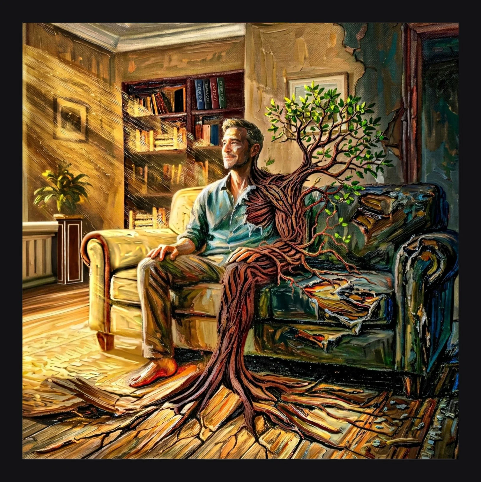 A painting of a man sitting on a couch with a bushy tree growing out of his body, in a room filled with books, plants, and sunlight.