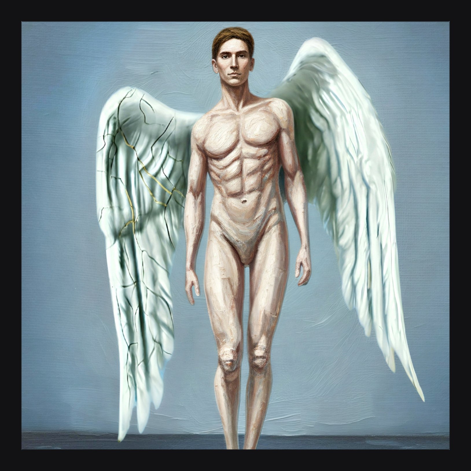 A sculpture of a male figure with human features and large white angel wings, set against a plain background.