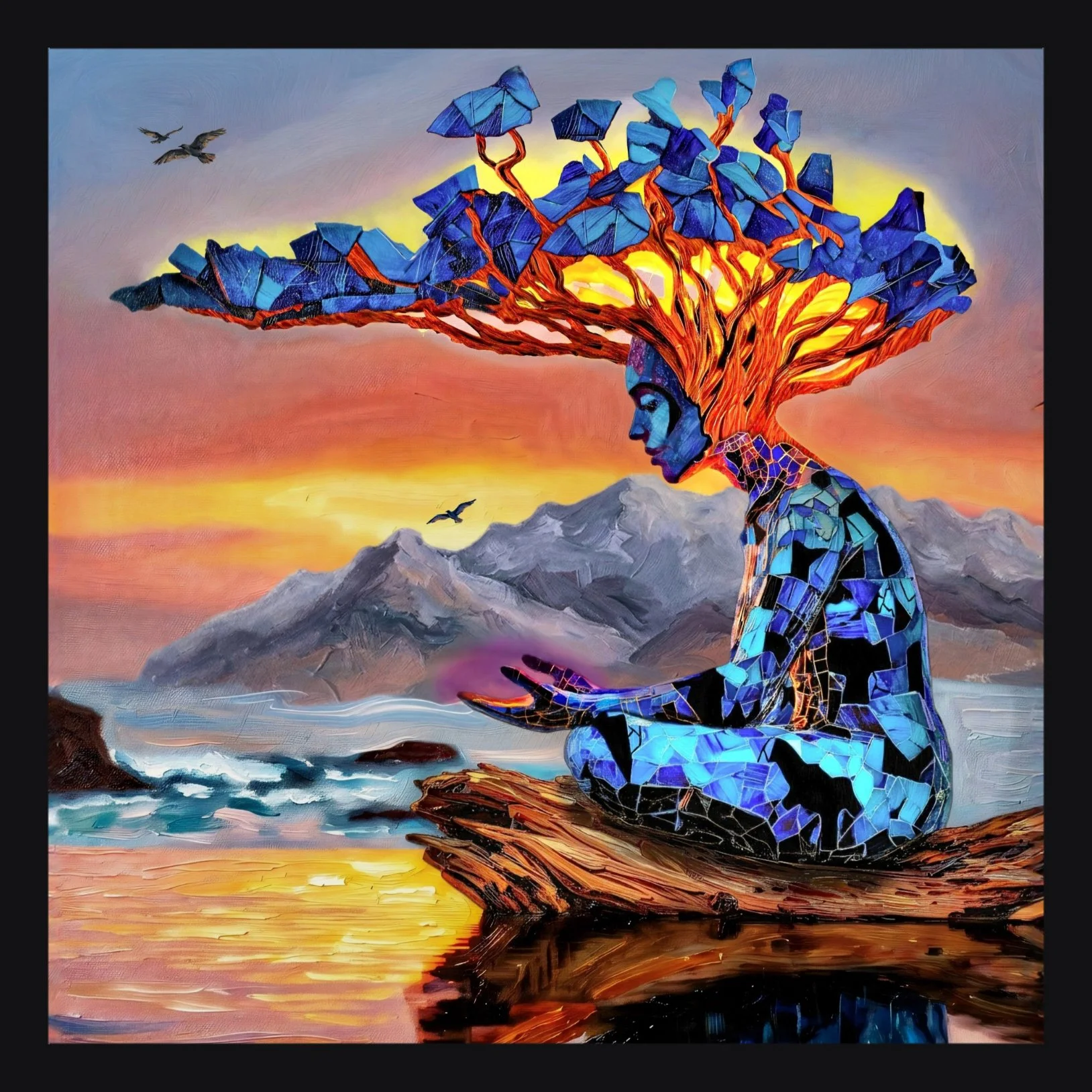 An artistic illustration of a woman with blue skin and fragmented mosaic-like features, sitting on a rock by the ocean at sunset, with her head blending into a vibrant tree with blue leaves and glowing orange branches, against a background of mountains, ocean waves, and a colorful sky with a few flying birds.