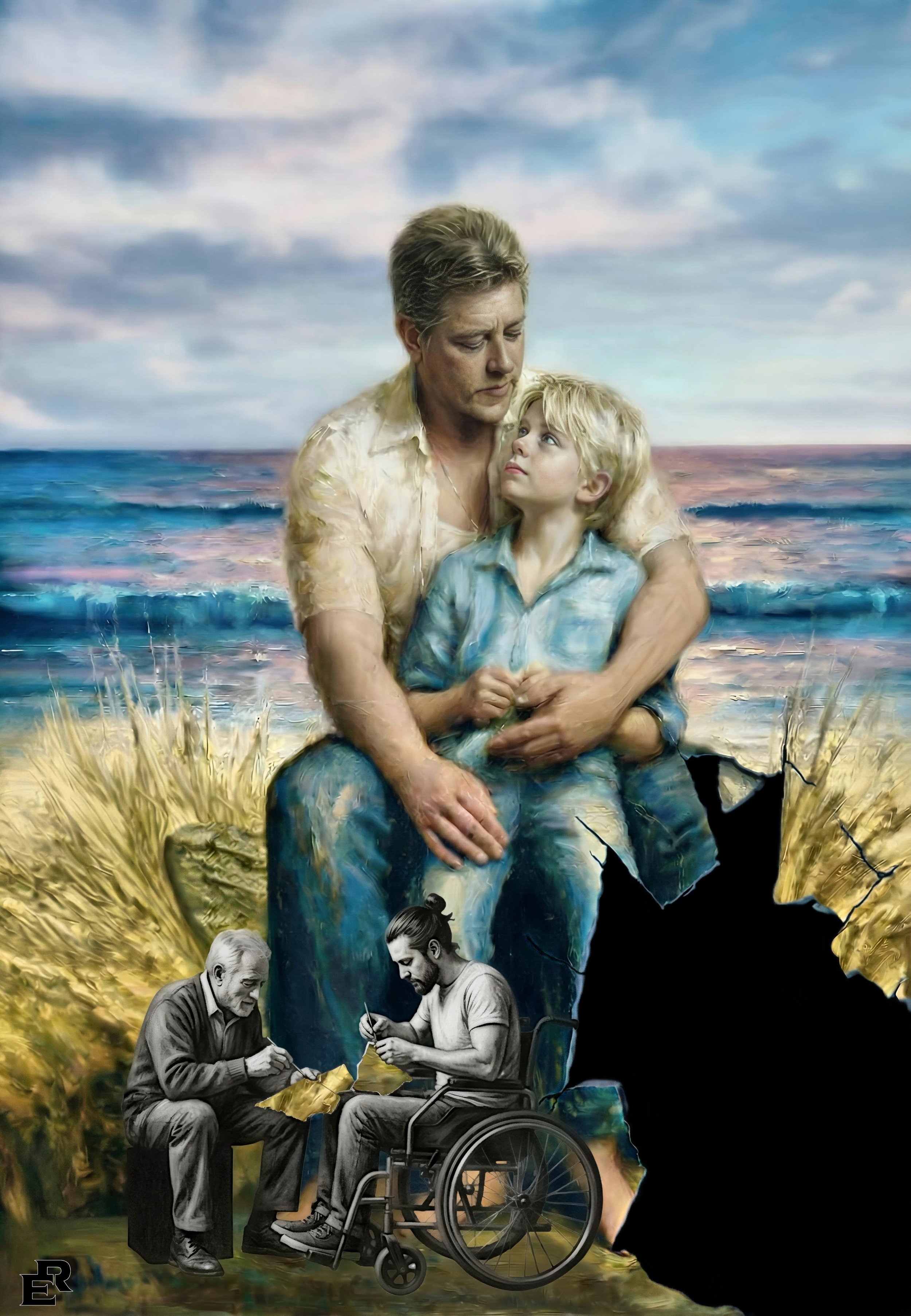 A painting depicting a woman and a young boy embracing in front of a beach scene, with a large black crack running through the image. Below them, two elderly men are sitting and working on a craft project.