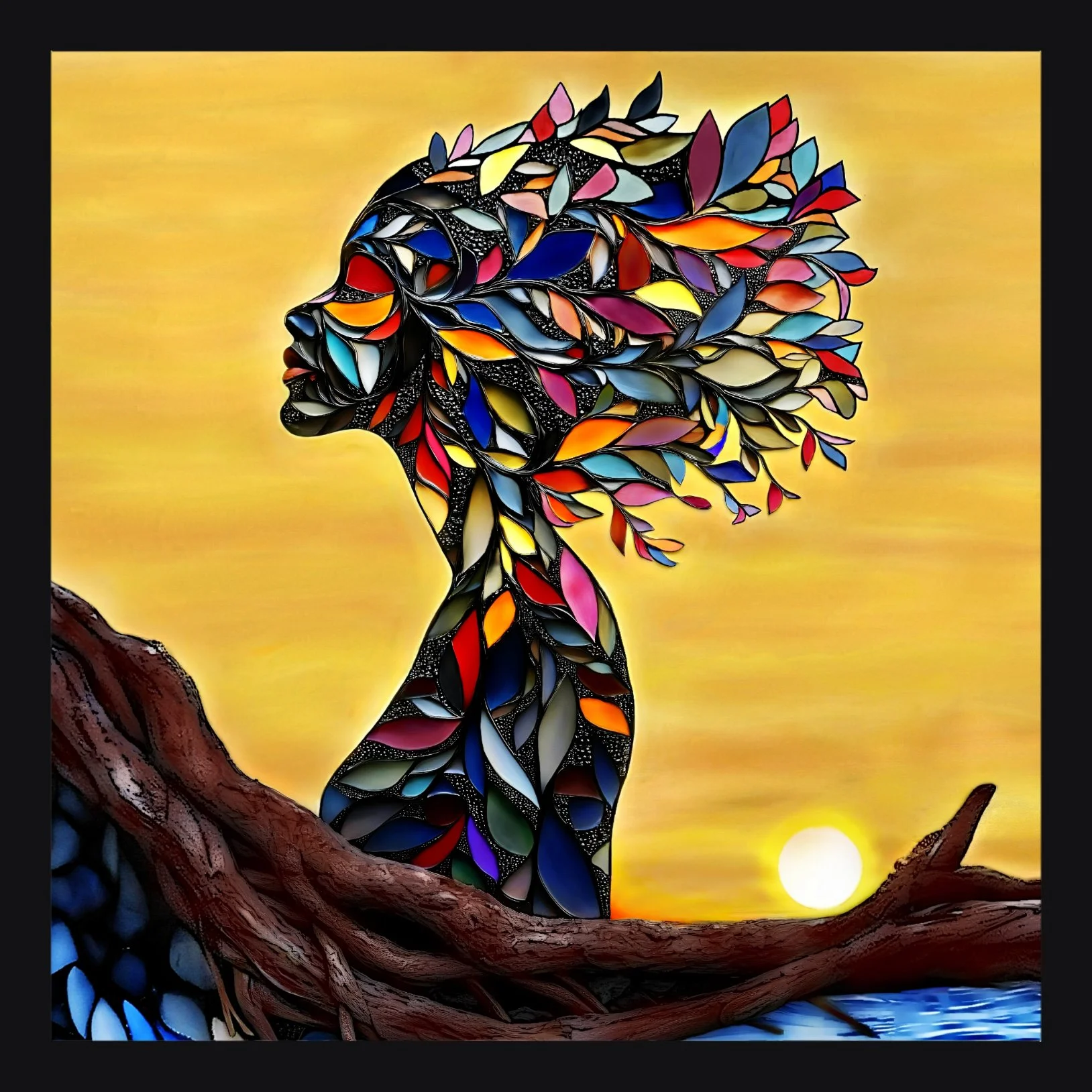 Artistic depiction of a giraffe made of colorful stained glass pieces, sitting on a tree branch with a yellow background and a setting sun.