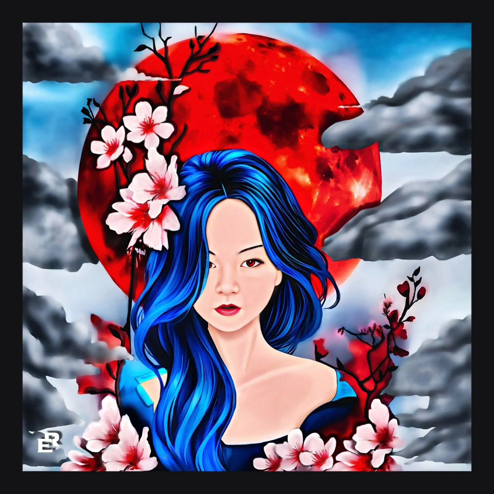 Digital artwork of a woman with long, flowing blue hair, set against a large red moon with dark clouds and cherry blossoms in the background.