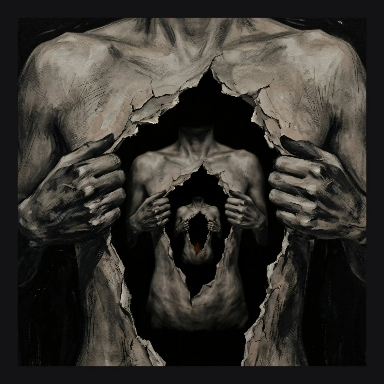 A black and white artwork featuring a series of figures that appear to be disintegrating or emerging from torn paper, with multiple overlapping images creating a surreal and layered composition.
