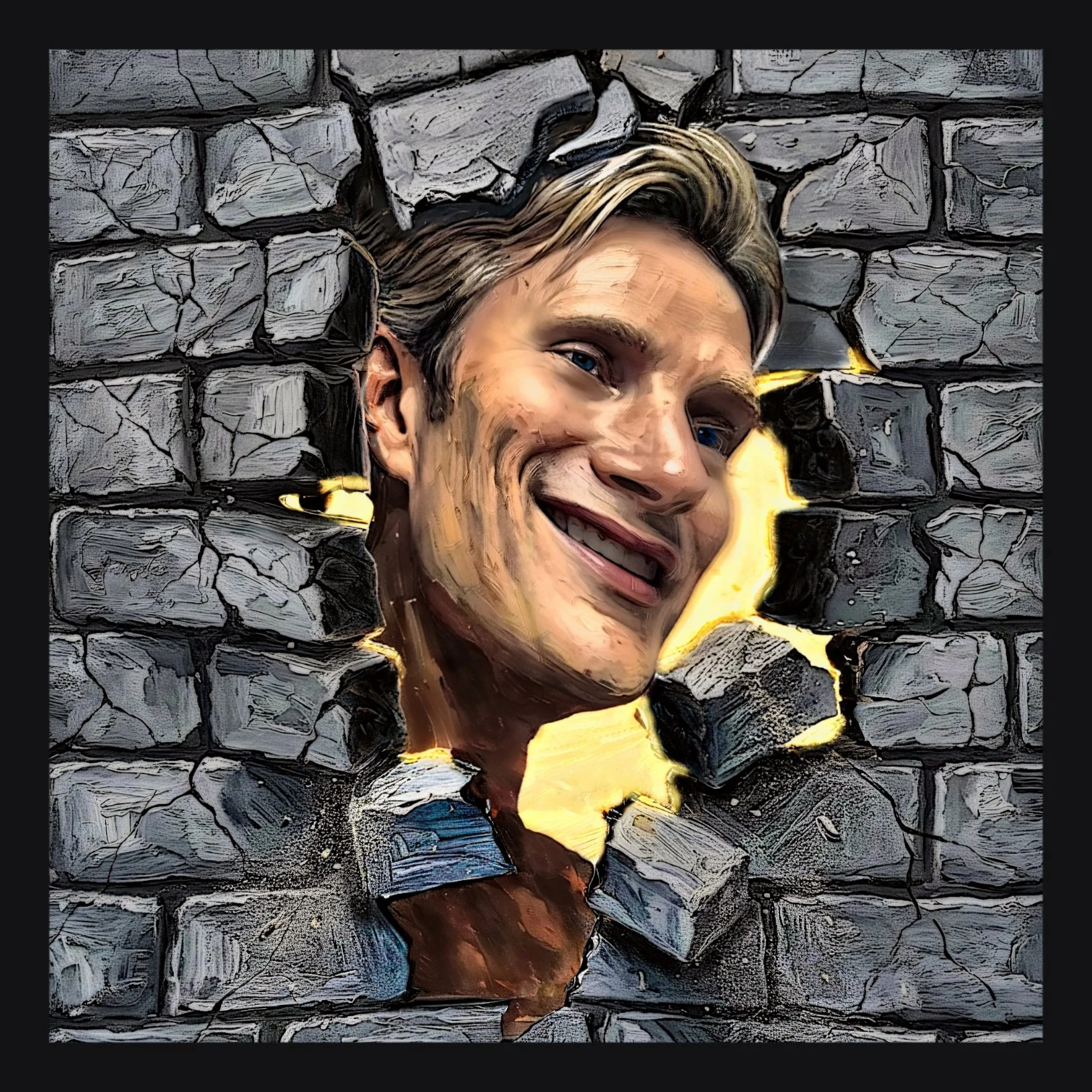 Digital painting of a young man with blond hair and blue eyes smiling, peering through a hole in a gray brick wall.