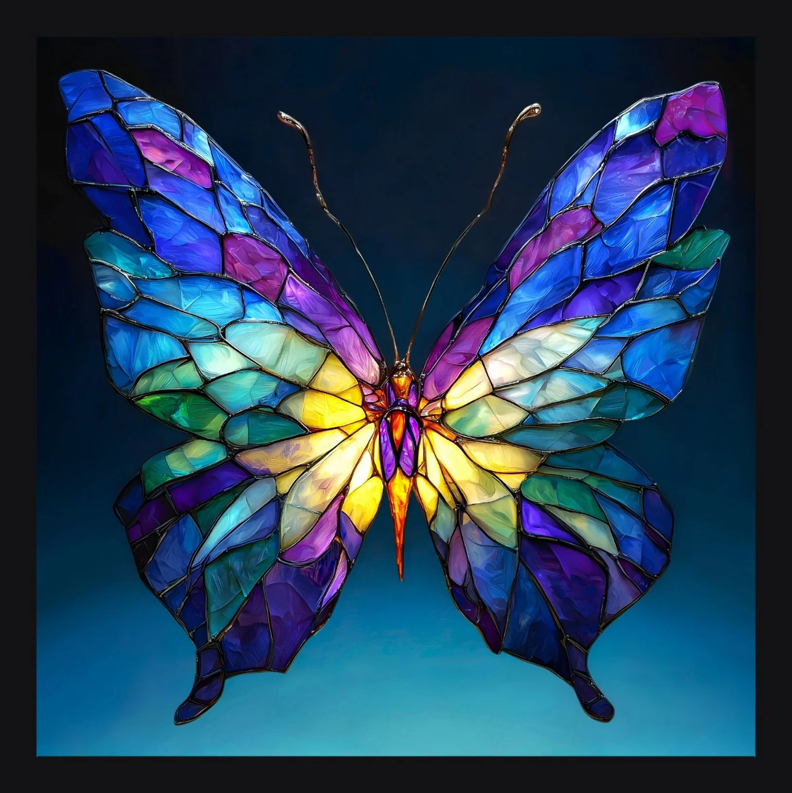 Colorful stained glass butterfly with vibrant blue, purple, yellow, and green wings, set against a dark background.