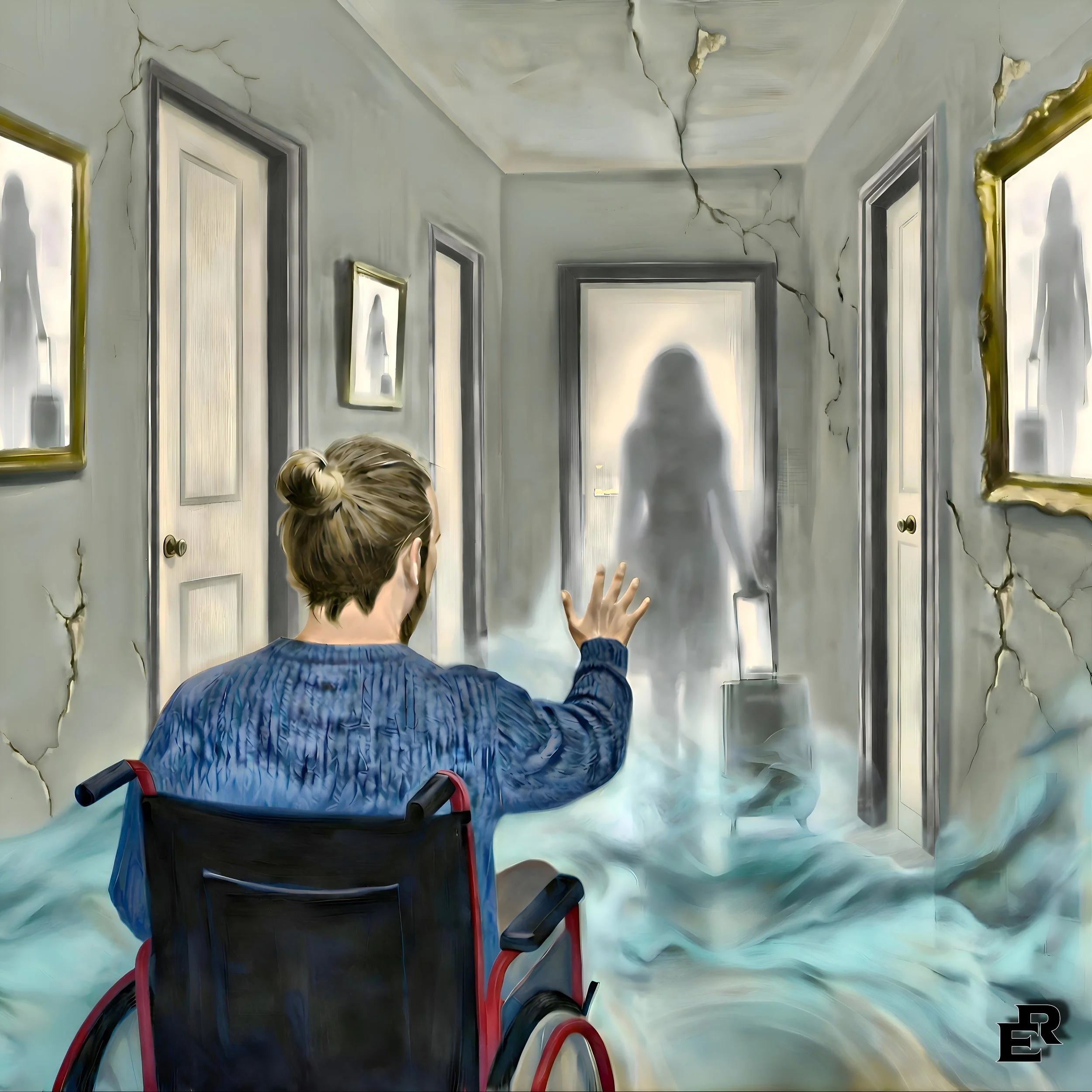 A person with blonde hair in a ponytail pushing a stroller through a hallway with wallpaper and picture frames, and a ceiling with visible cracks.