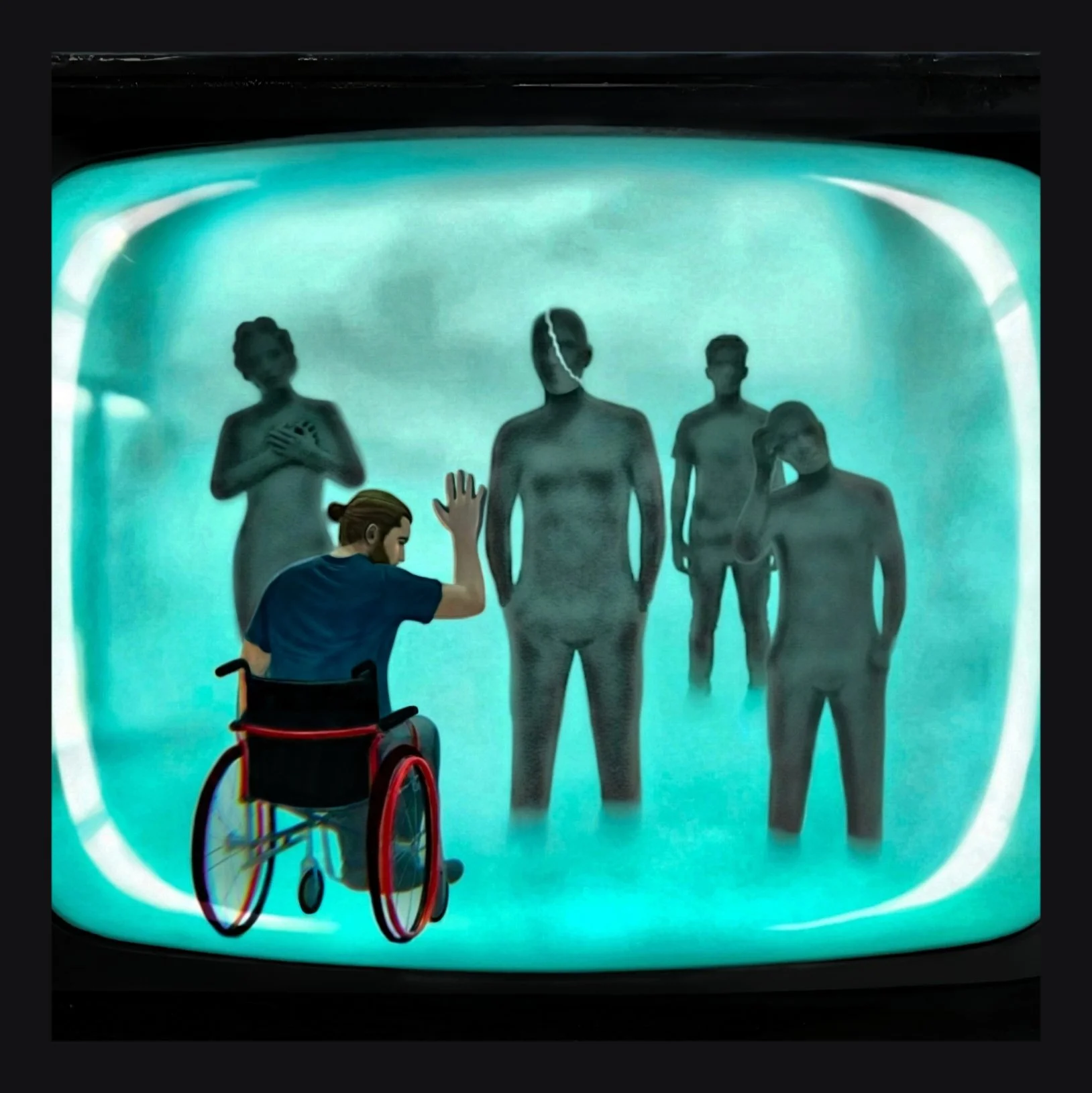 A person in a wheelchair waving at five mannequins behind a glass wall with a glowing blue background.