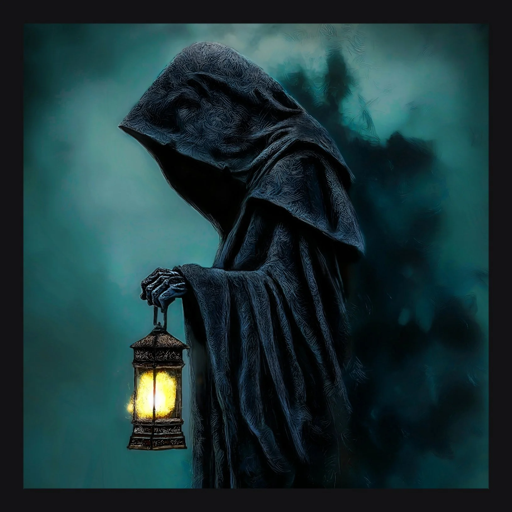 A dark, stylized digital illustration of a mysterious, hooded figure holding a lantern that glows warmly, set against a moody, foggy background with faint silhouettes of castles or buildings in the distance.