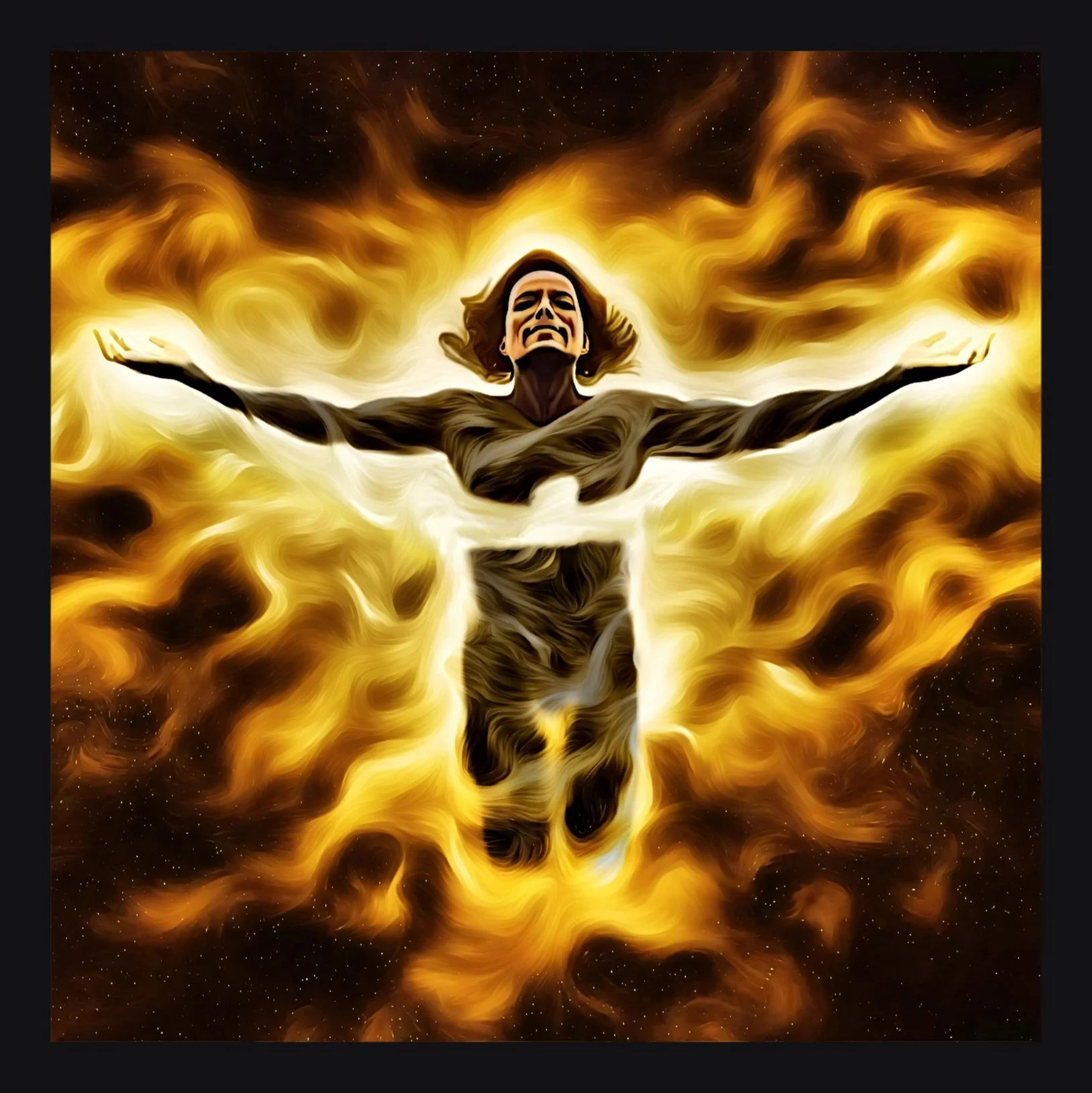 A digital artwork depicting a woman with arms outstretched, surrounded by swirling flames and cosmic elements, creating a dramatic and fiery scene.