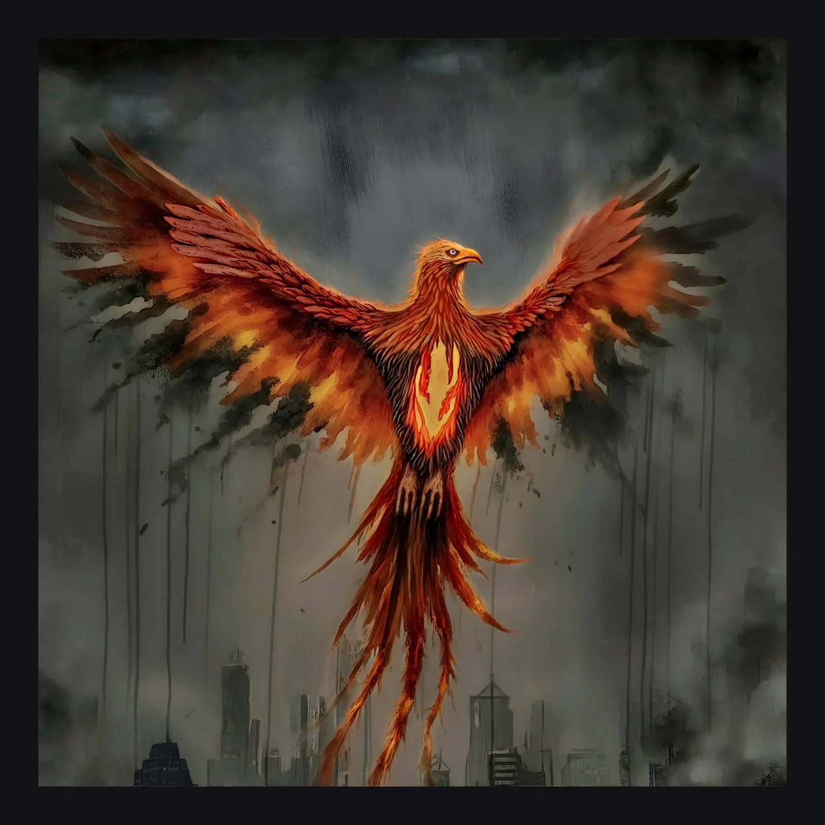 A vibrant phoenix with fiery red and orange feathers soaring above a city skyline, dark stormy skies, and rain.