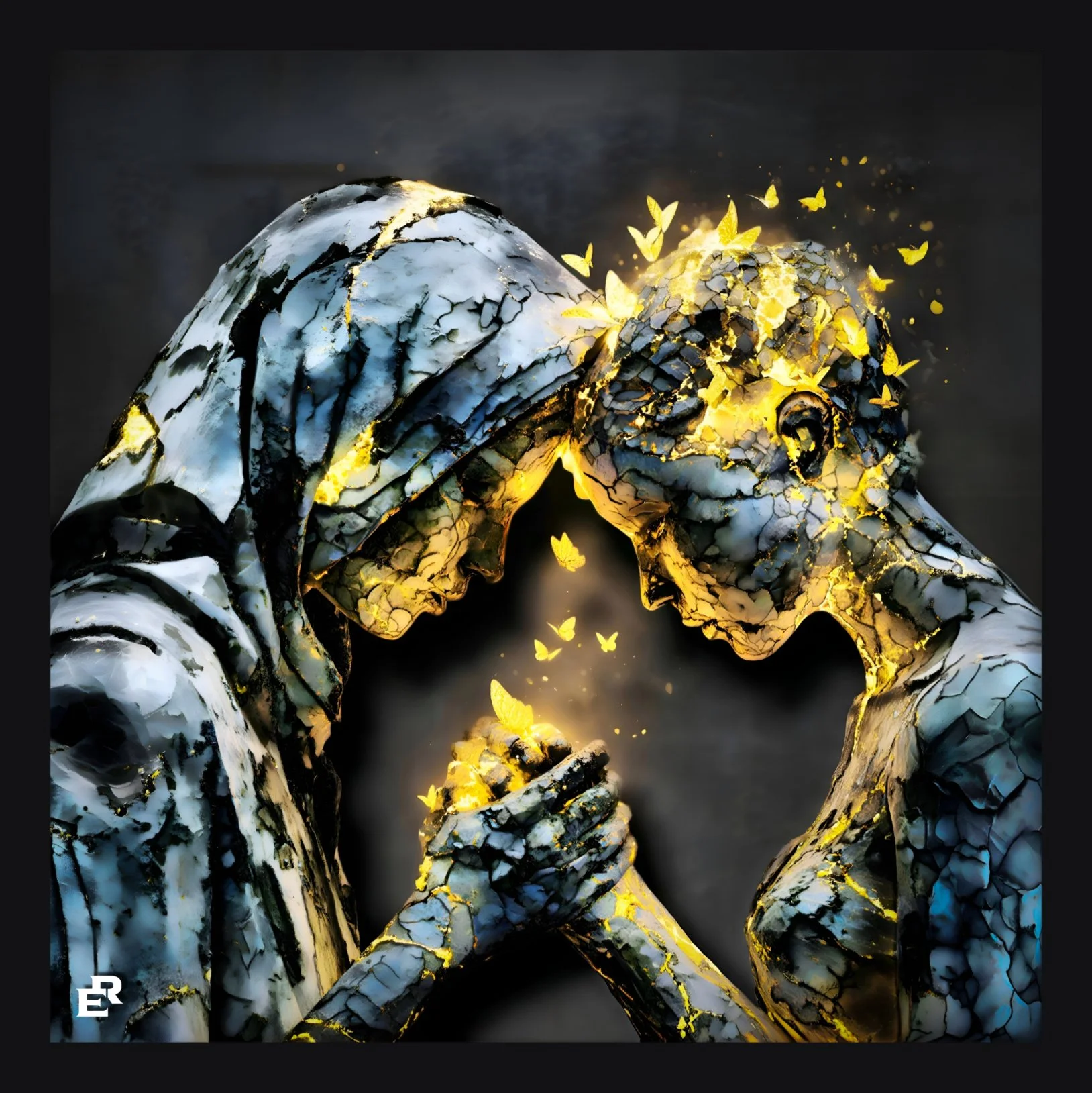 A digital artwork of two figures resembling a man and a woman, facing each other with foreheads touching and hands clasped, made of cracked marble with glowing yellow accents and small butterflies around them.
