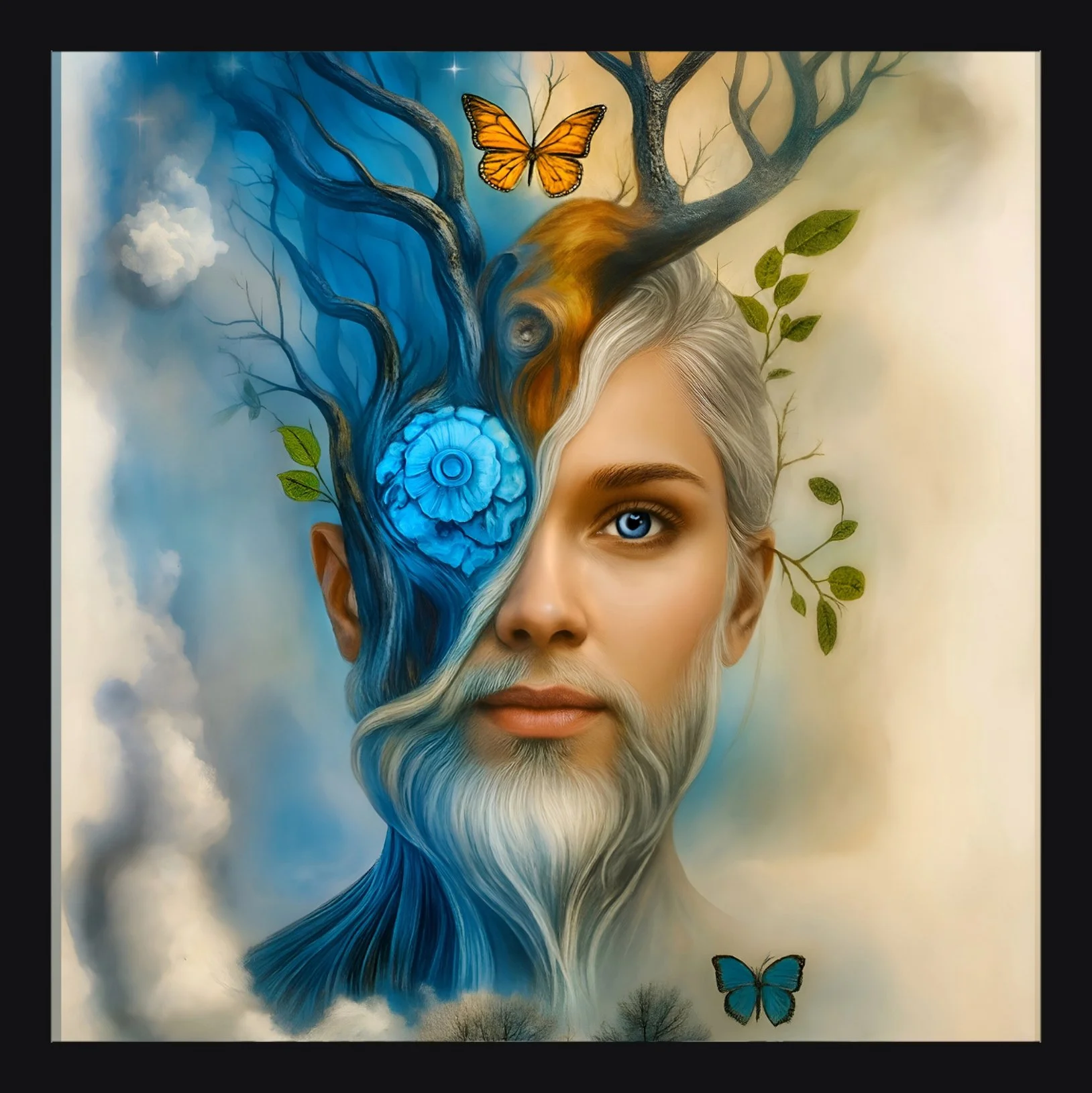 A surreal portrait of a woman with half of her face transformed into a tree with branches and leaves. The tree's trunk and branches blend into her hair, which streams downward in shades of blue. A butterfly is near her head, and there is another butterfly at the bottom right against a cloudy sky background.