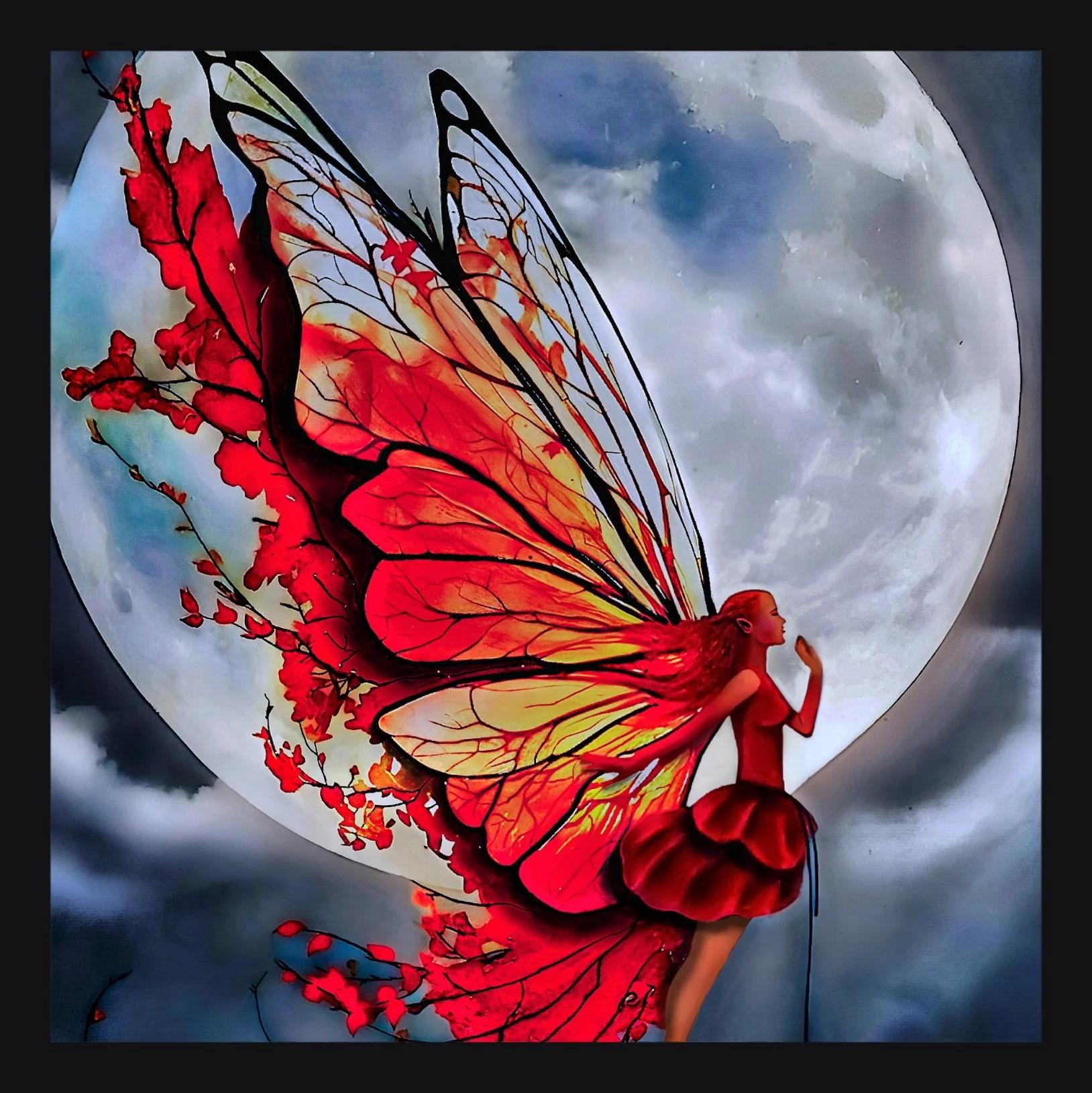 A fairy with butterfly wings is depicted sitting in front of a full moon. The fairy has a red dress and long red hair, with large orange and black butterfly wings.