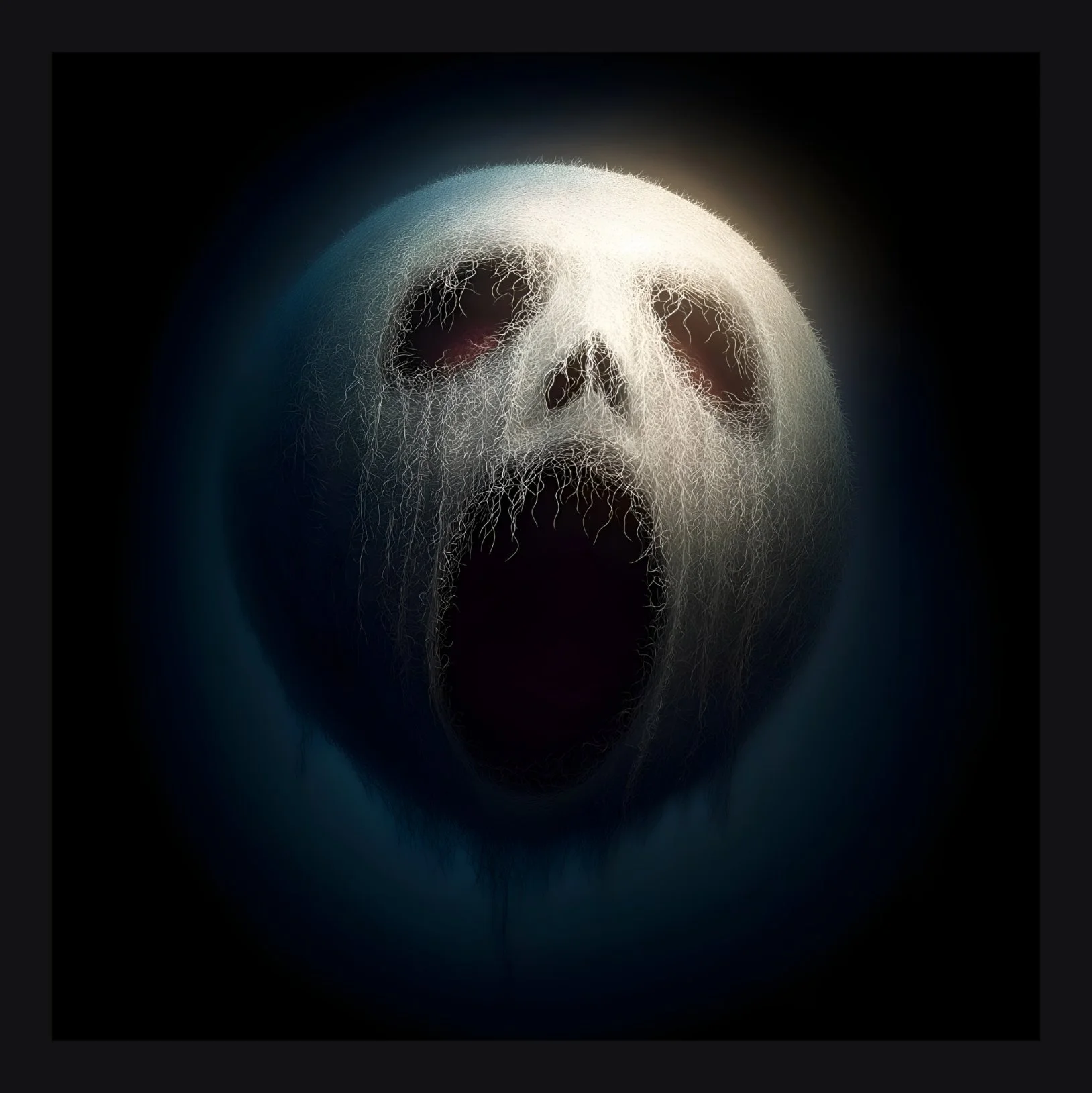 A skull with a textured white surface, dark eye sockets, a dark nasal cavity, and an open mouth, presented against a dark background with a glow around it.