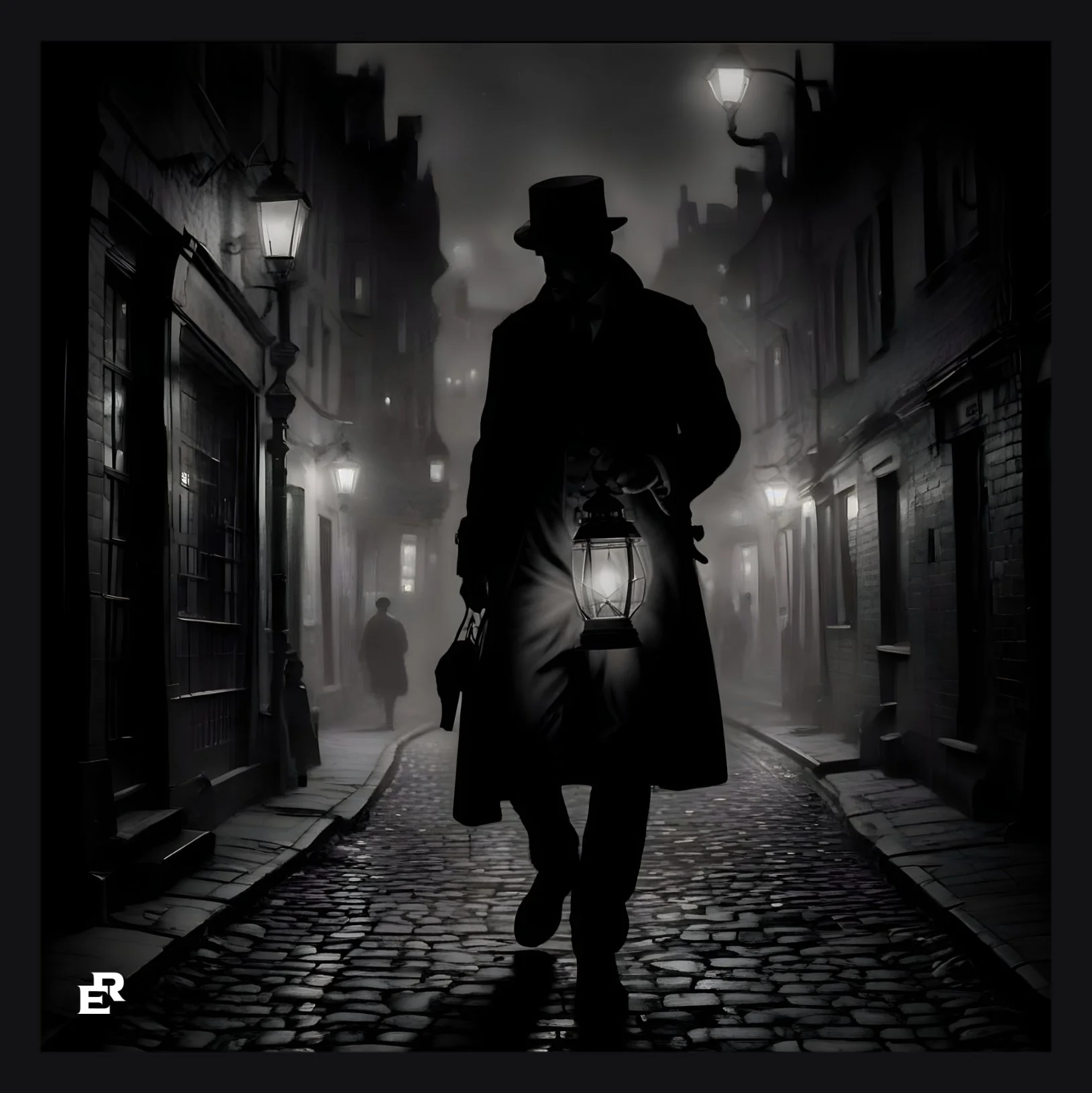 A person dressed in vintage clothing running down a cobblestone street at night, holding a lantern. The street is dimly lit by old-fashioned street lamps, with buildings on either side, shrouded in fog or mist.