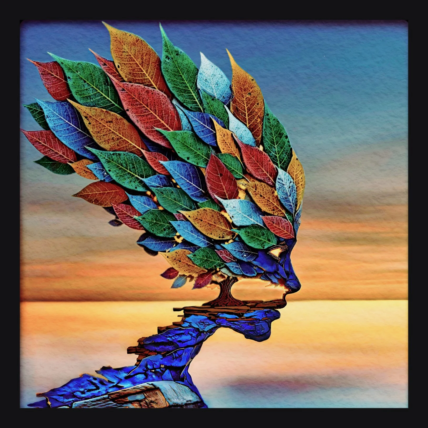Colorful artistic illustration of a tree with leaves in various colors. The tree's reflection is visible on a water surface below, with a gradient sunset background.