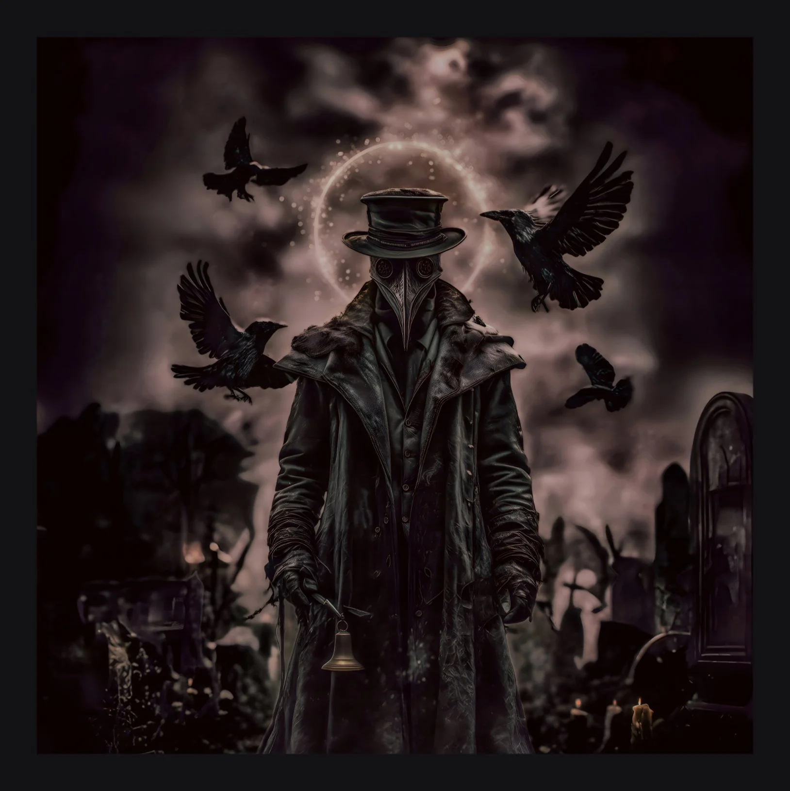 A person wearing a dark plague doctor mask and leather coat, surrounded by black crows, standing in a graveyard at night with cloudy sky and graves in the background.