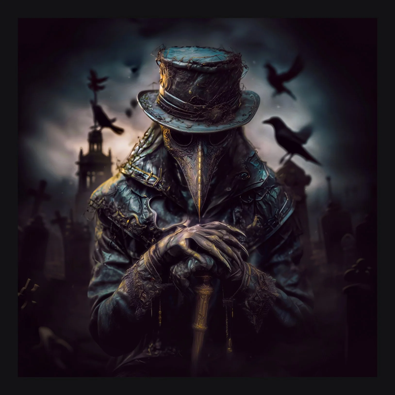 A person dressed in a dark, elaborate costume with a metallic mask of a bird's beak, wearing a top hat covered in cobwebs, surrounded by flying black birds in a dark, moody sky.