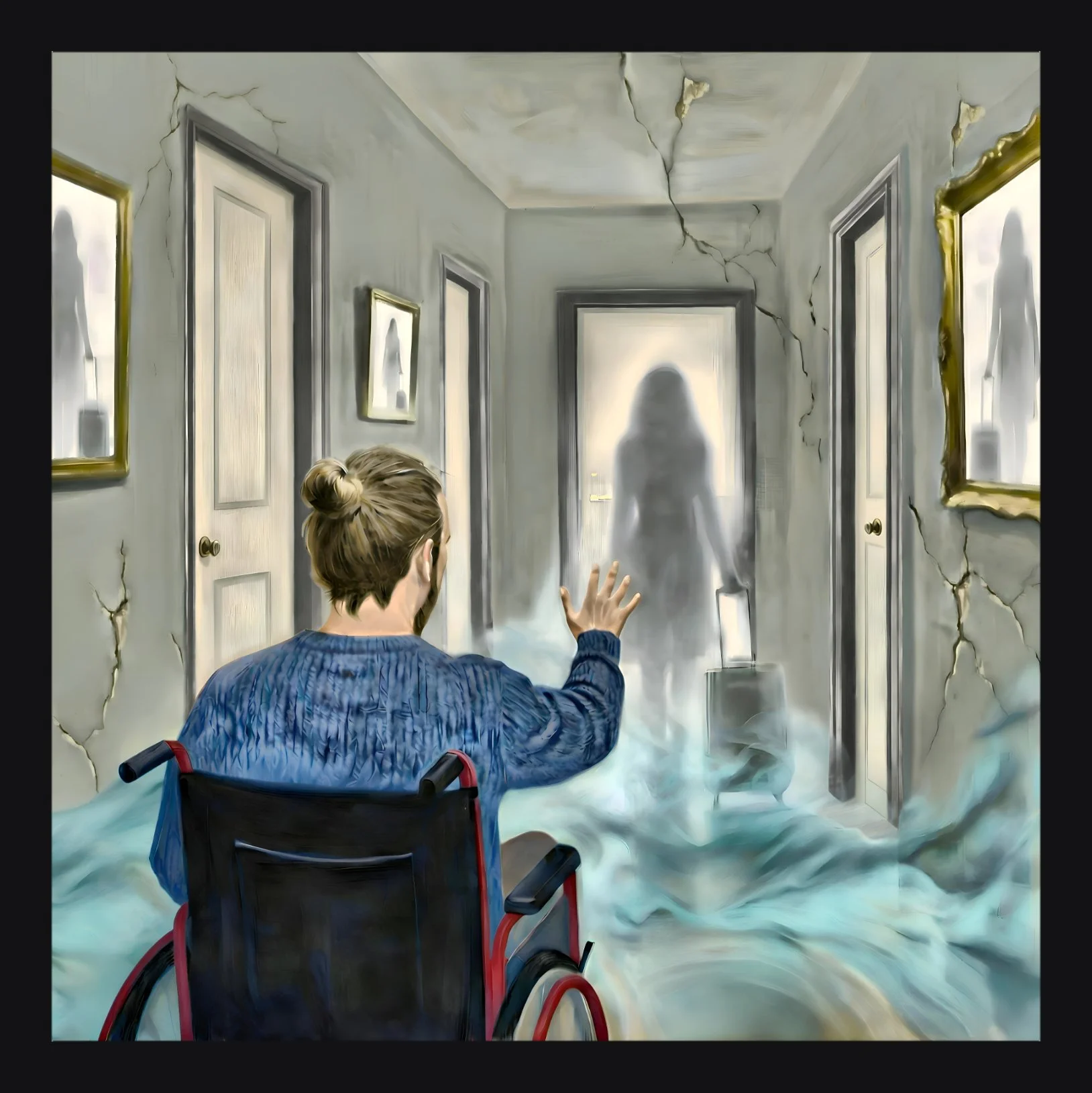 A person in a wheelchair reaches out their hand to a ghostly figure in a hallway with cracked walls and fog on the floor.