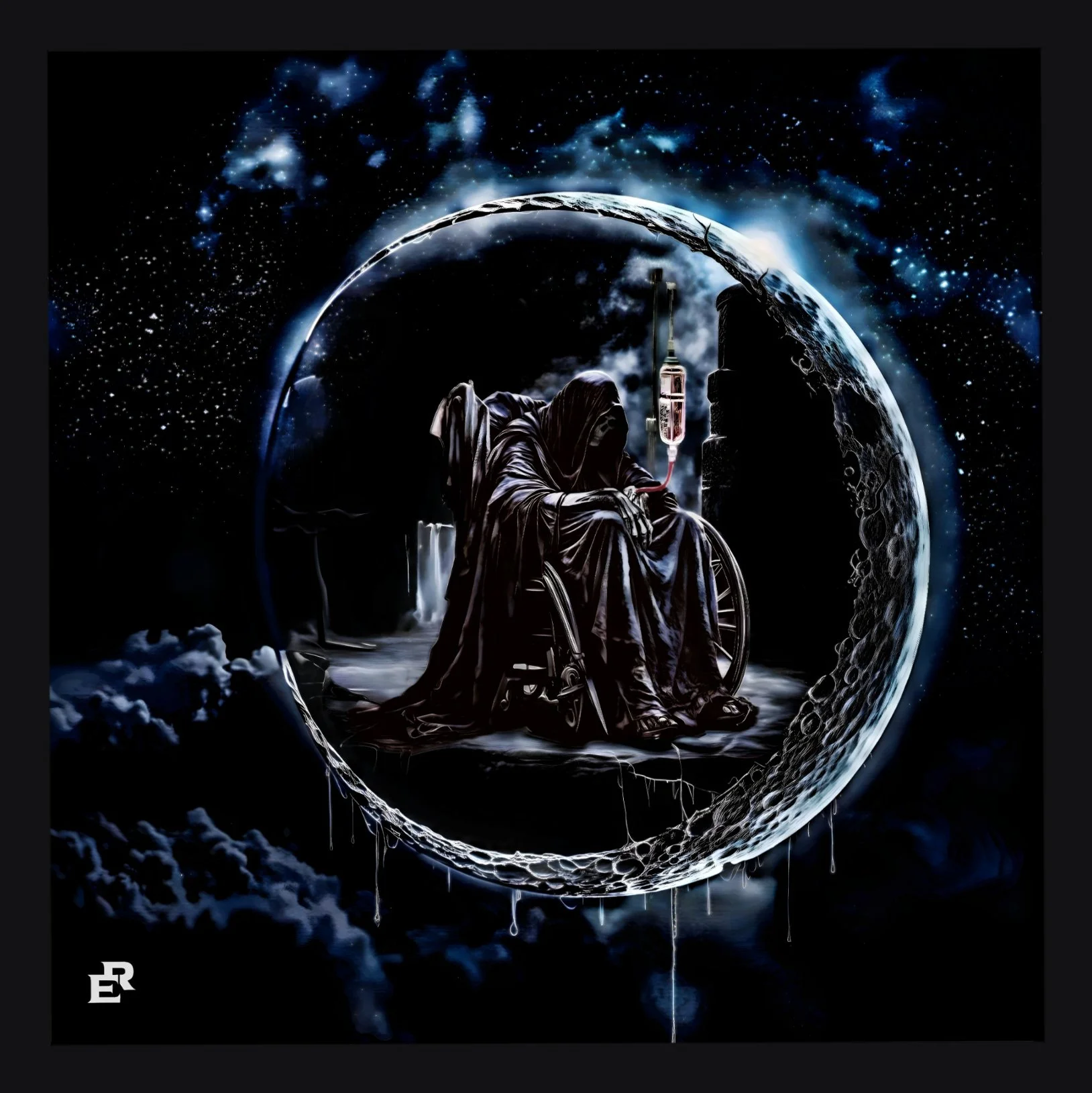 Digital artwork depicting a person in a wheelchair with an IV drip, sitting on a moon-like surface in space surrounded by stars and nebulae, with a large cosmic ring encircling them.
