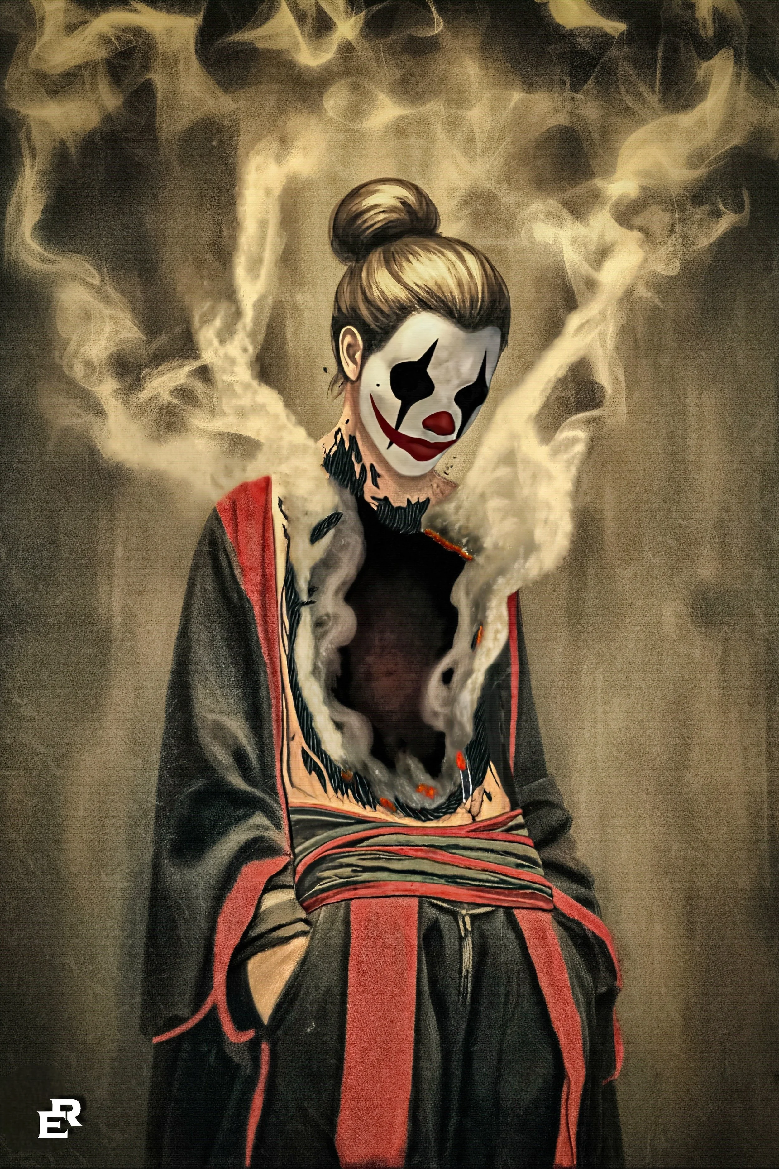 Street art graffiti featuring a person with a painted clown face mask, wearing a black shirt, a gray and red hoodie, with a dark background and smoke effects.