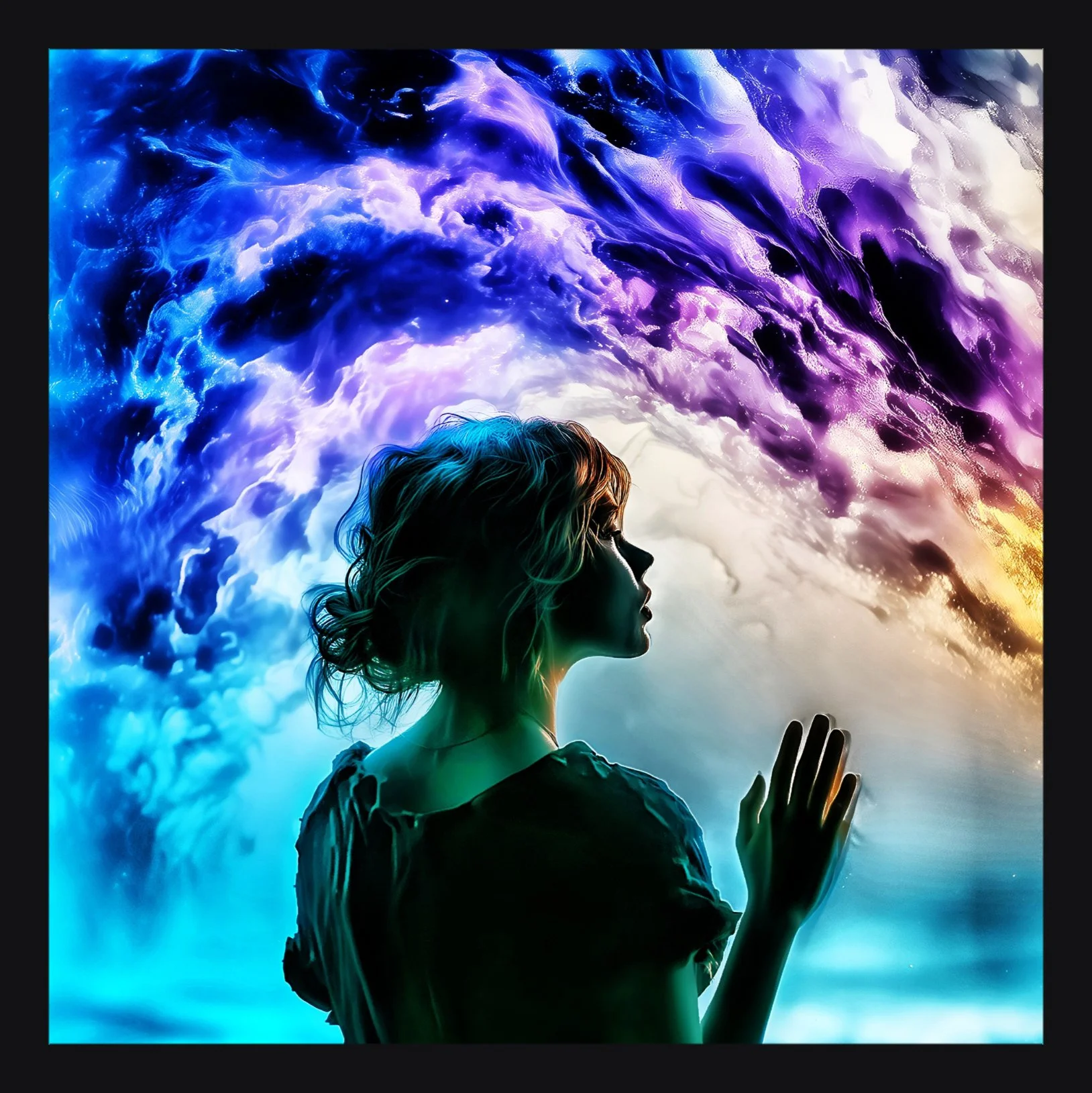 A silhouette of a woman with short hair, looking upward with hands in a praying position, against a background of vibrant, swirling colors resembling clouds or abstract energy in shades of blue, purple, and white.