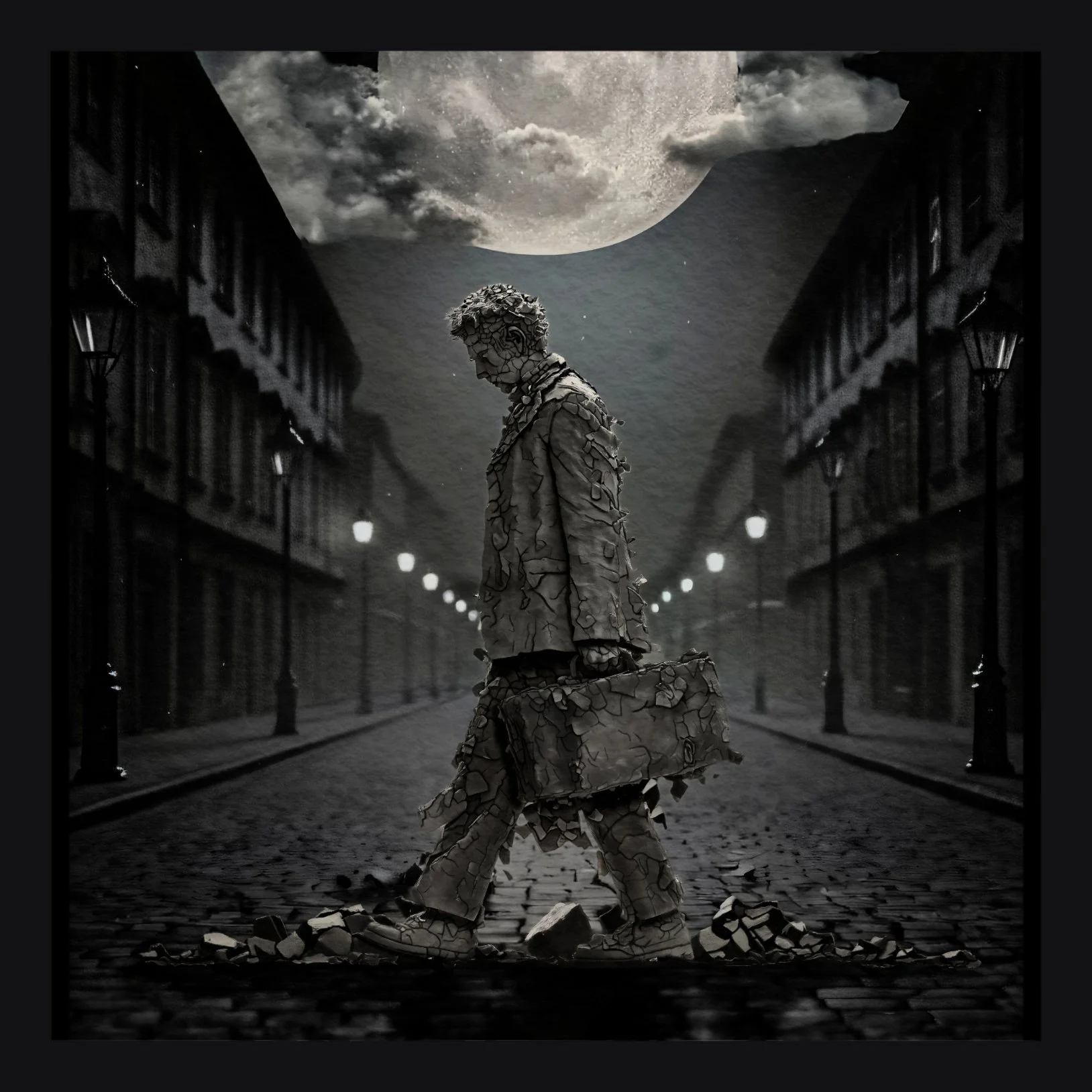 A black and white image of a sculpture of a man walking with a suitcase, standing on a cobblestone street at night under a large moon, with buildings and street lamps on either side.