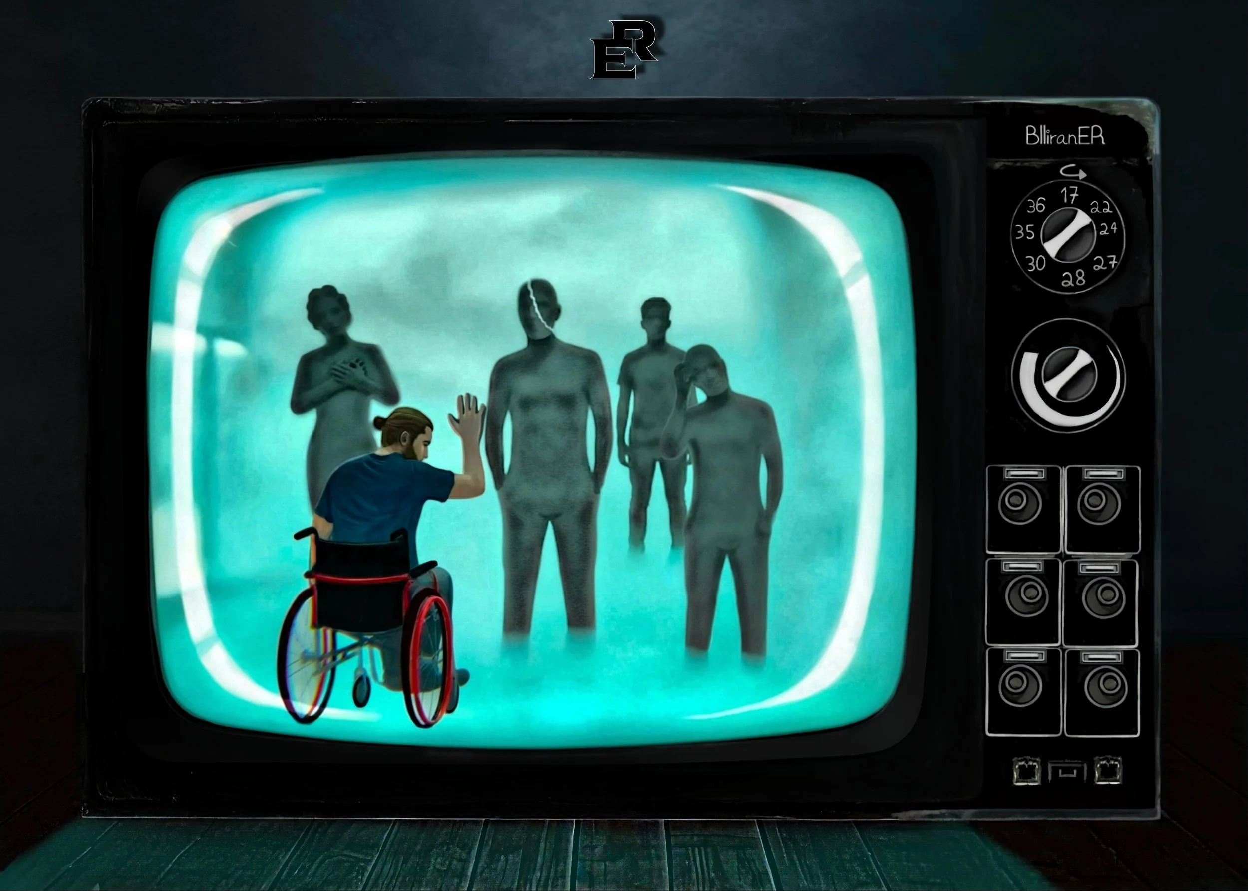 A vintage television displaying a laser-animated scene of humanoid figures and a person in a wheelchair waving.
