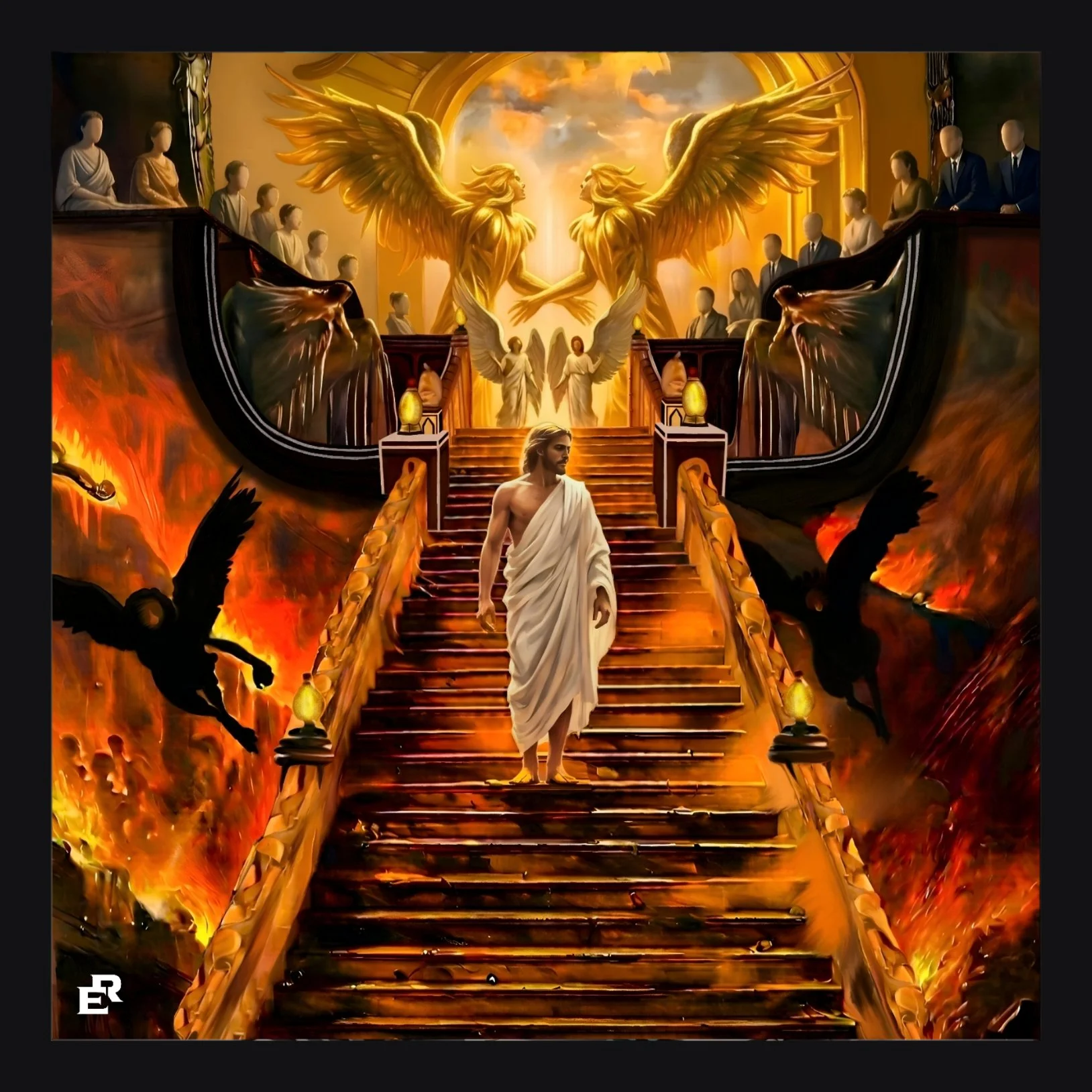 A digital painting depicting a celestial scene with two golden angels with large wings holding hands at the top of a flaming staircase. Below, a man dressed in white robes walks down the steps. The background shows a sky with clouds, and the scene includes an audience of faceless figures on either side of the staircase, as well as mythological creatures like dragons.