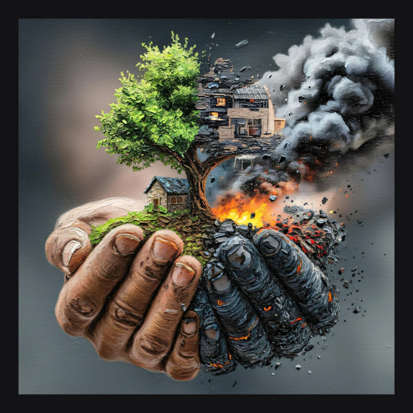 A painting shows a hand holding a tiny Earth with a lush green tree and a house on the left, while on the right, the Earth is in flames with smoke and debris, symbolizing destruction.